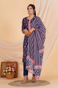 Blue Tie Premium cotton Printed Kurti Pant Dupatta Set