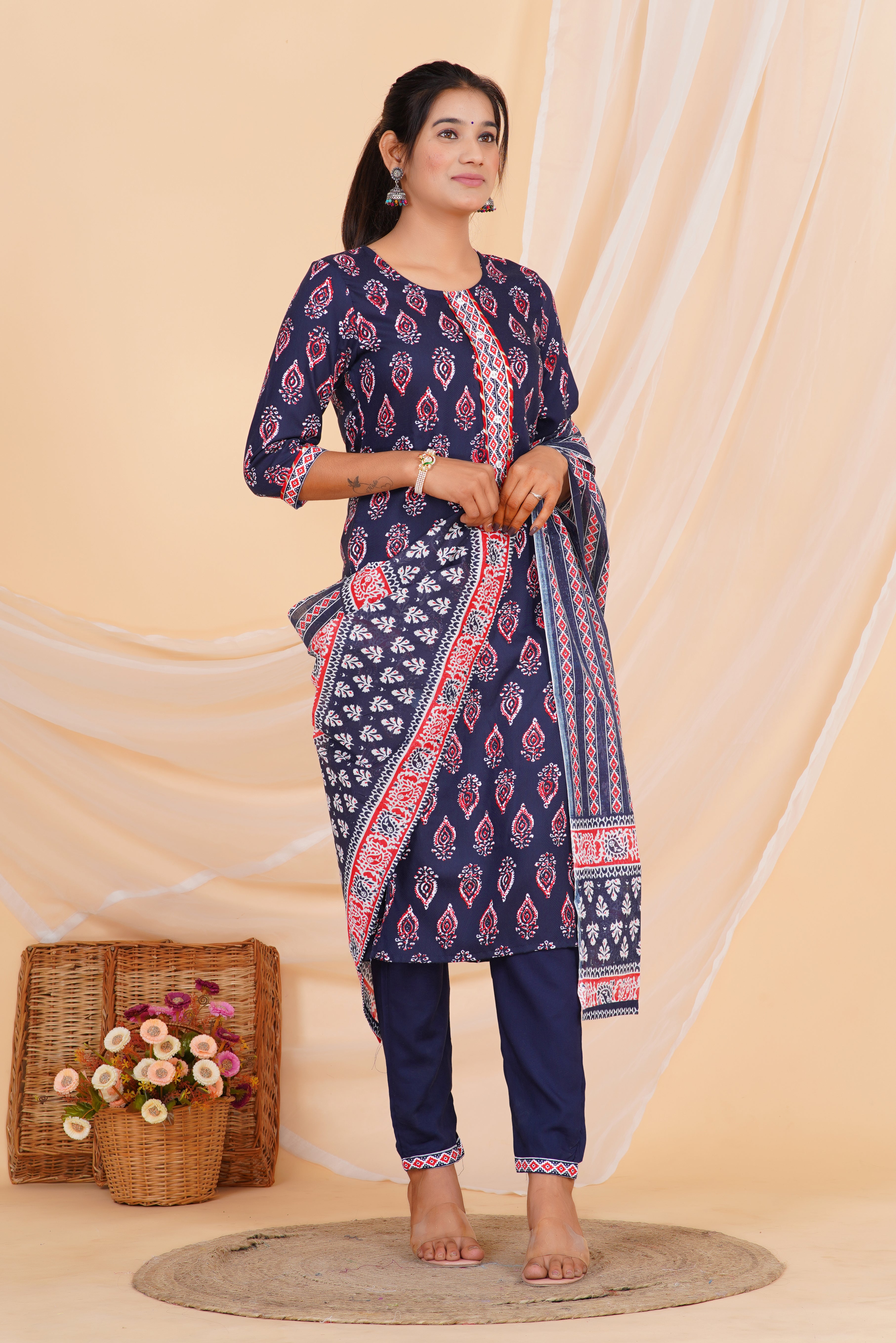 Blue Tie Premium cotton Printed Kurti Pant Dupatta Set