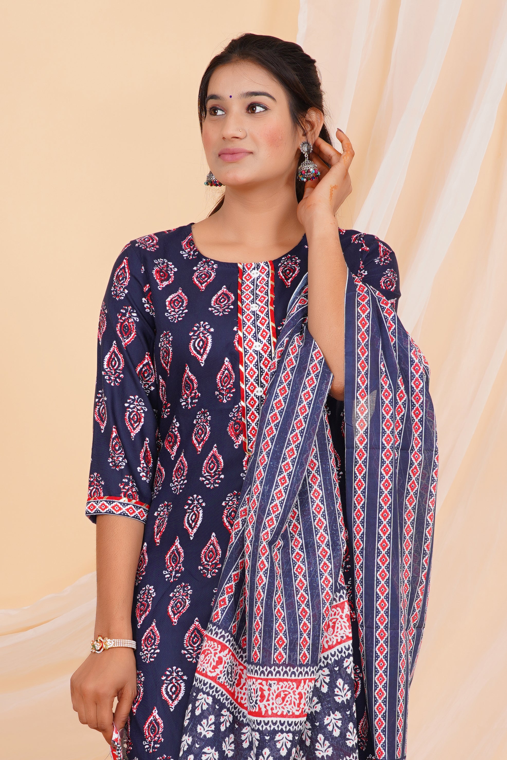 Blue Tie Premium cotton Printed Kurti Pant Dupatta Set