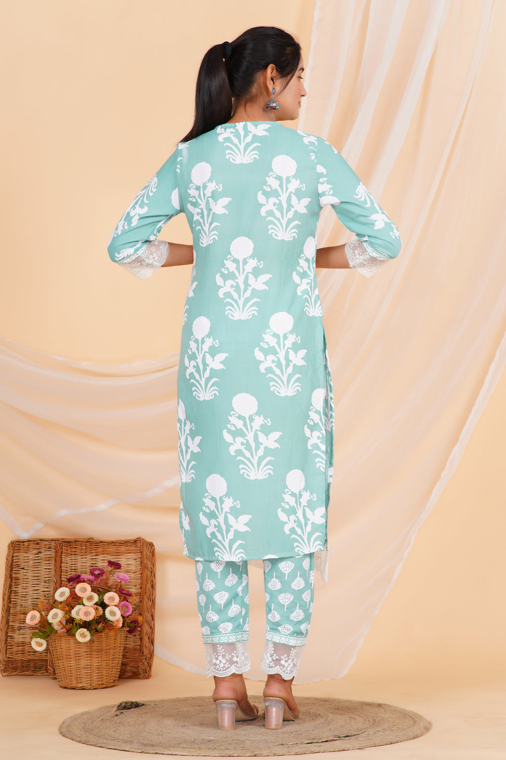 Mint Green Premium cotton Printed Kurti Pant Dupatta Set