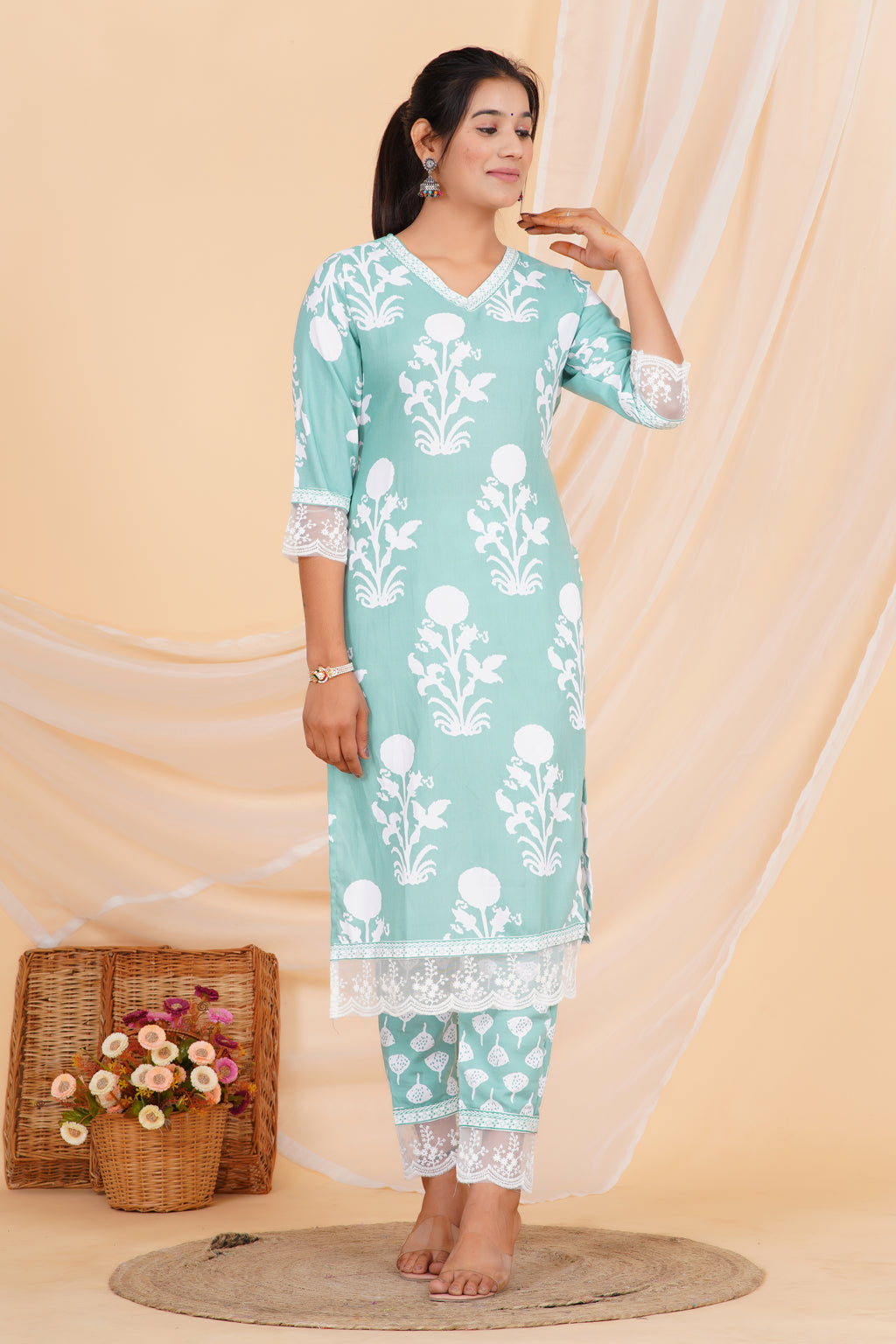 Mint Green Premium cotton Printed Kurti Pant Dupatta Set