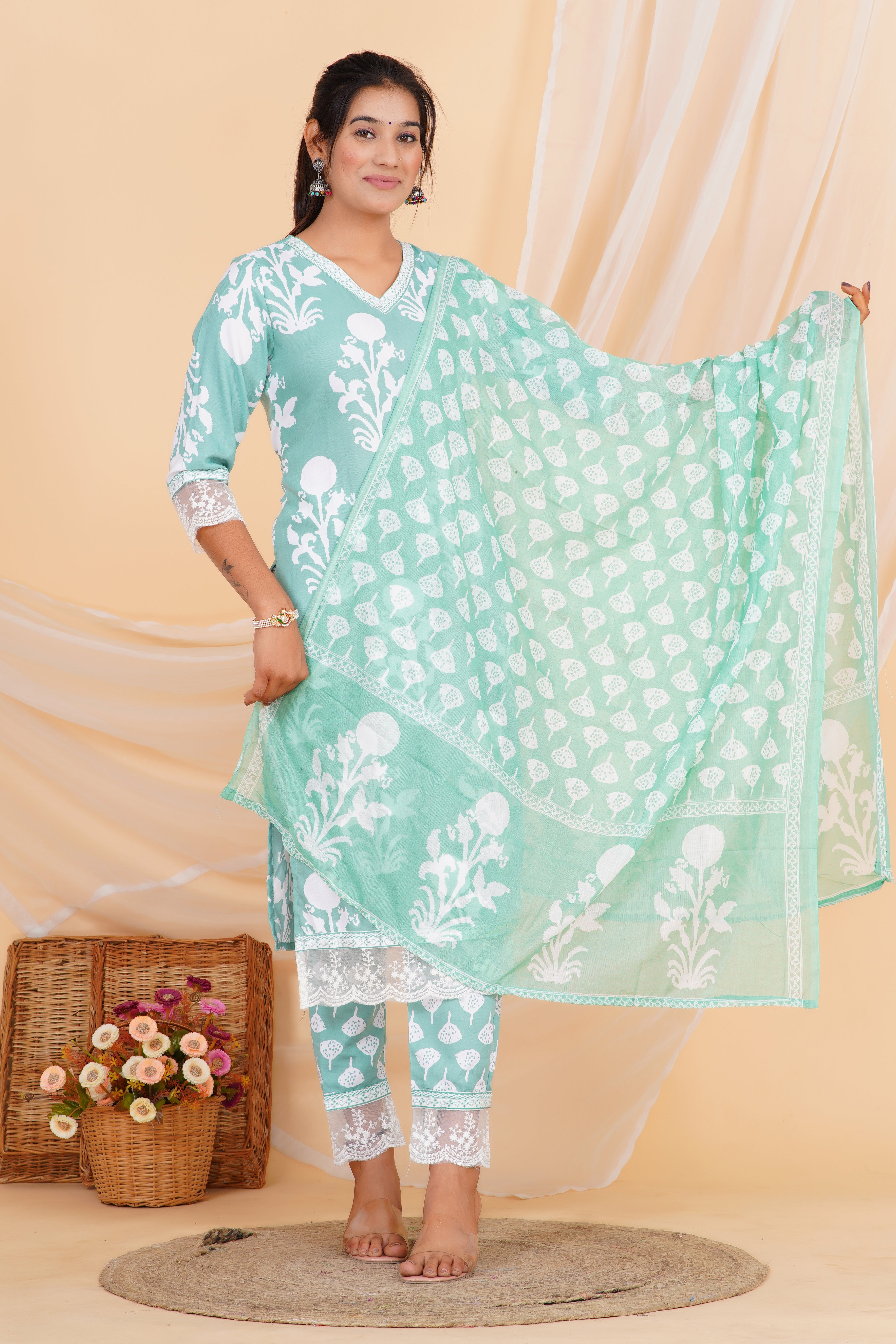 Mint Green Premium cotton Printed Kurti Pant Dupatta Set