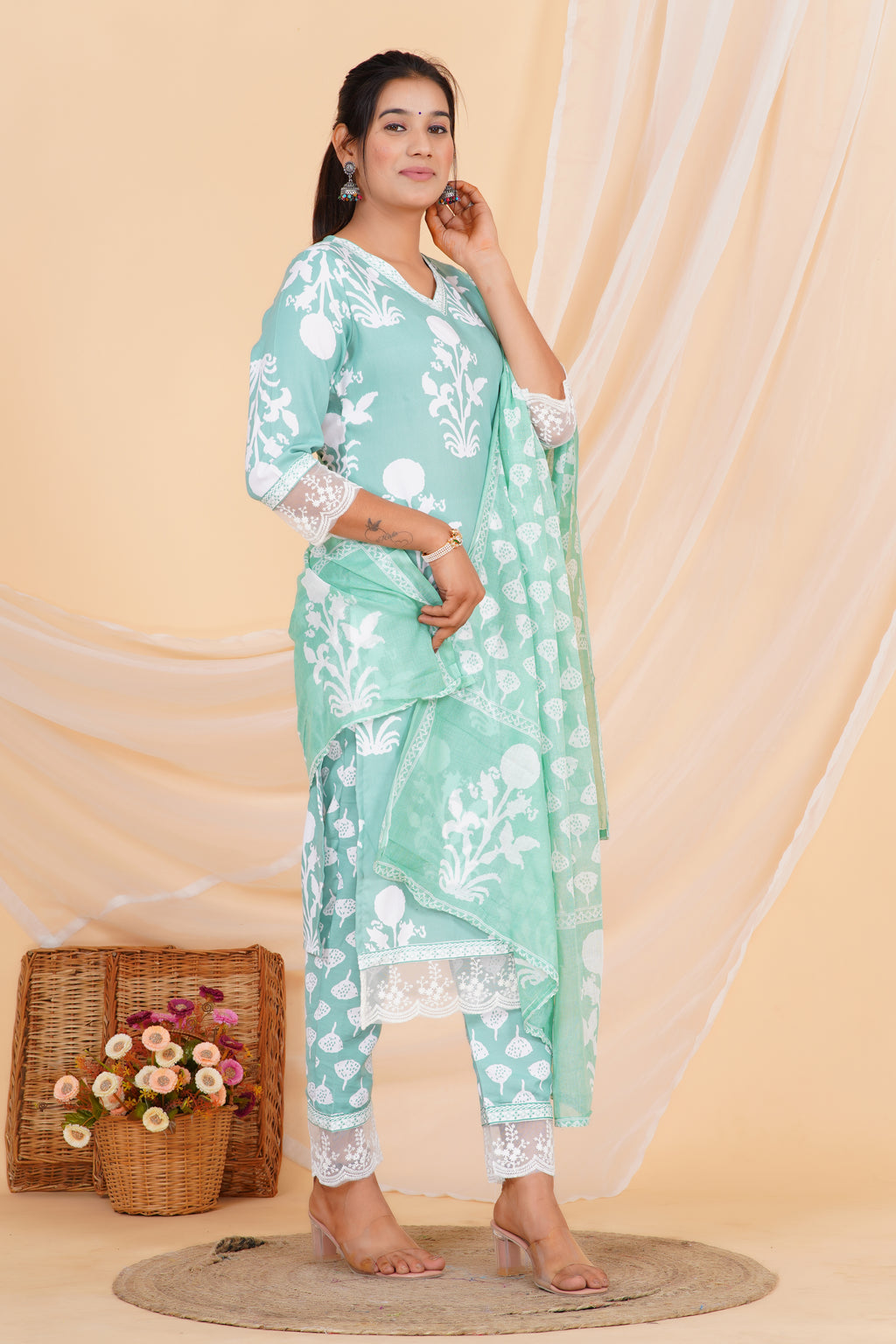 Mint Green Premium cotton Printed Kurti Pant Dupatta Set