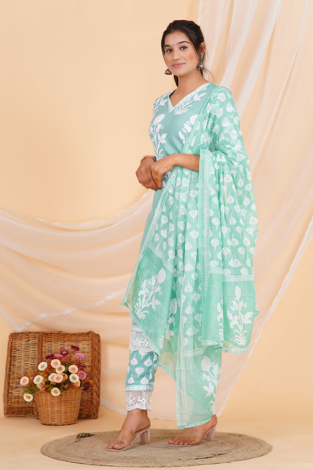 Mint Green Premium cotton Printed Kurti Pant Dupatta Set