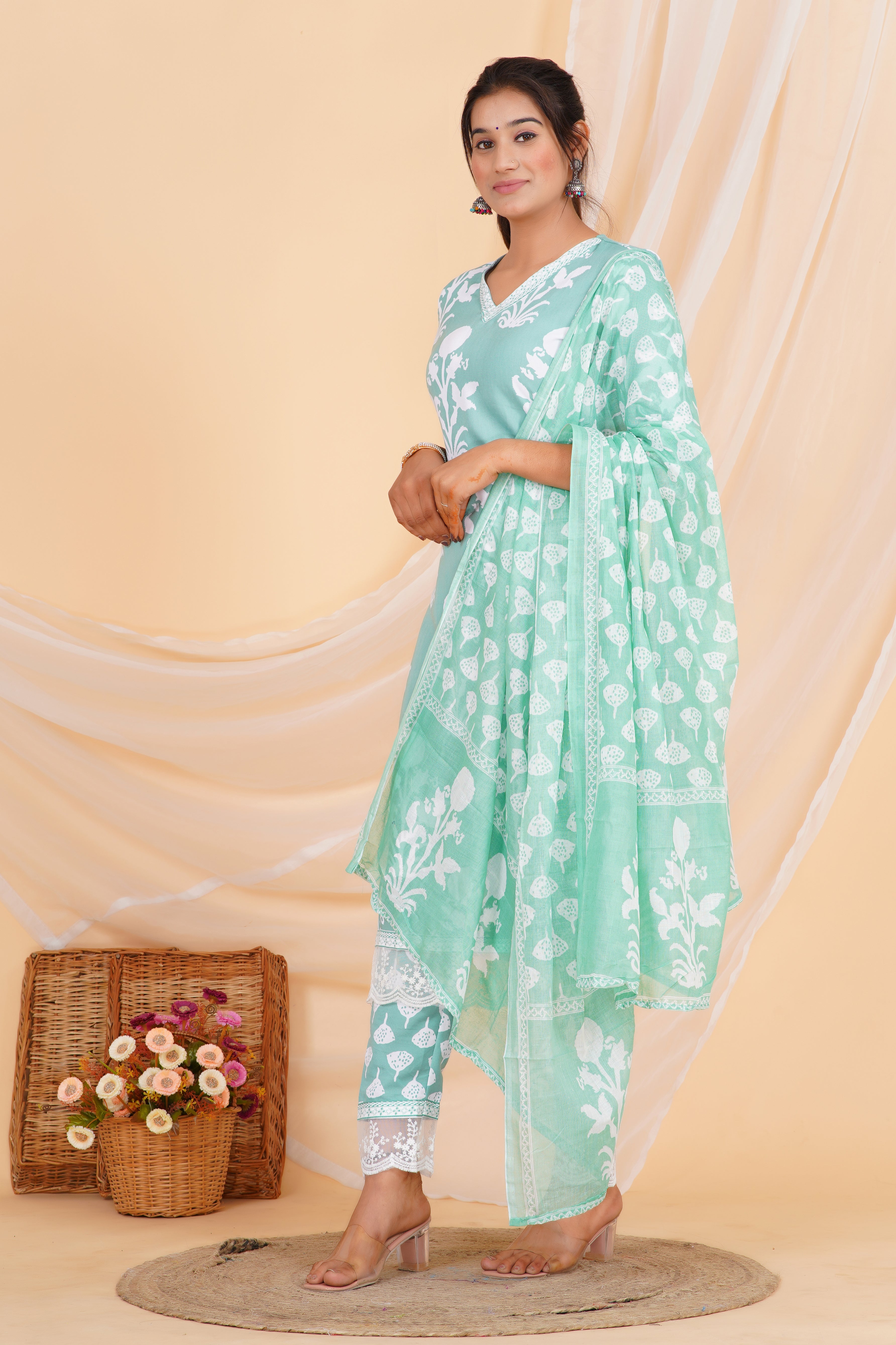 Mint Green Premium cotton Printed Kurti Pant Dupatta Set