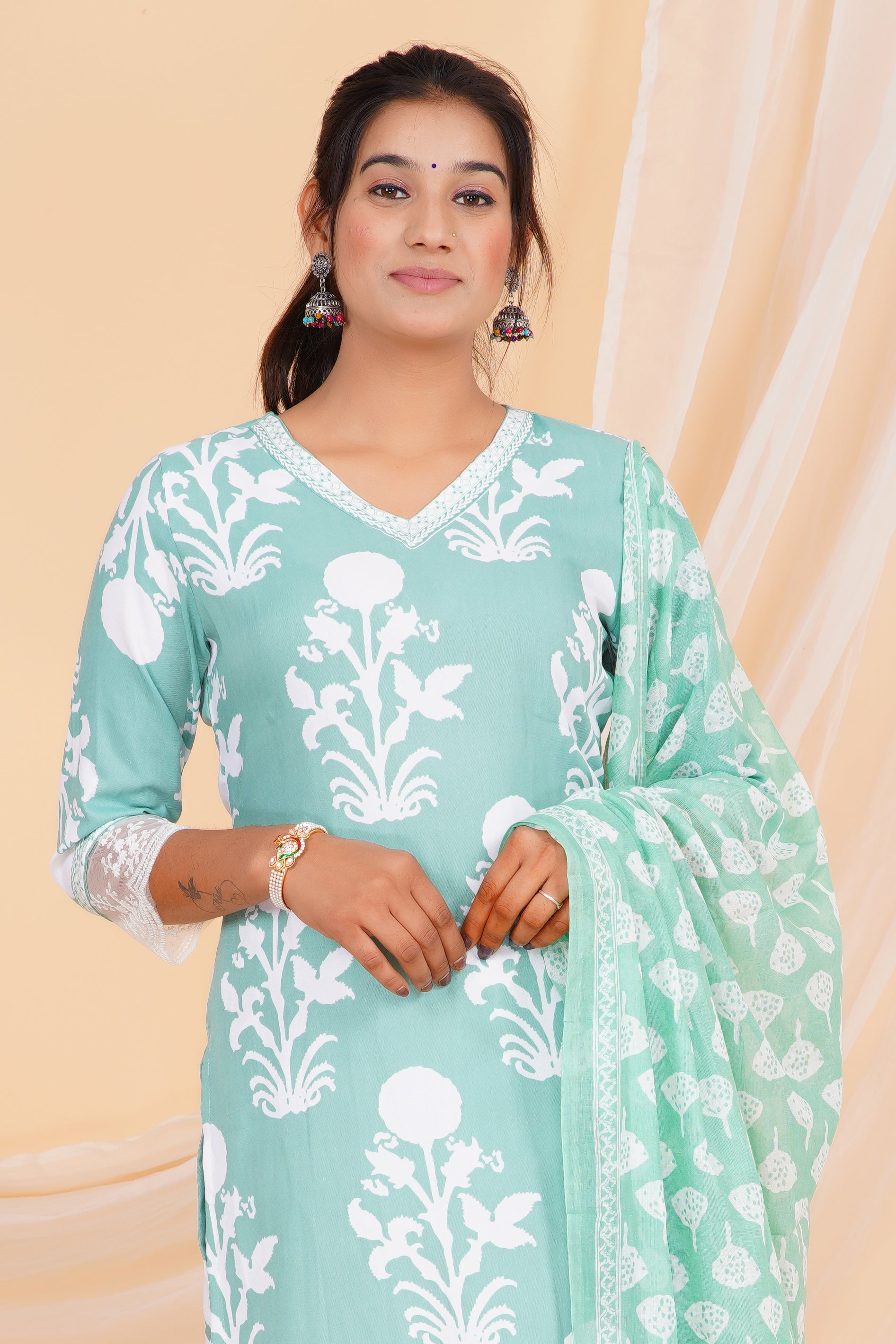 Mint Green Premium cotton Printed Kurti Pant Dupatta Set