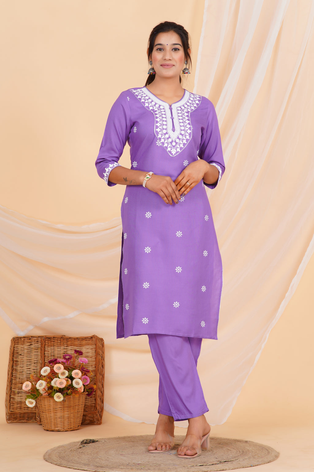 Lavender Premium cotton Printed Kurti Pant Dupatta Set