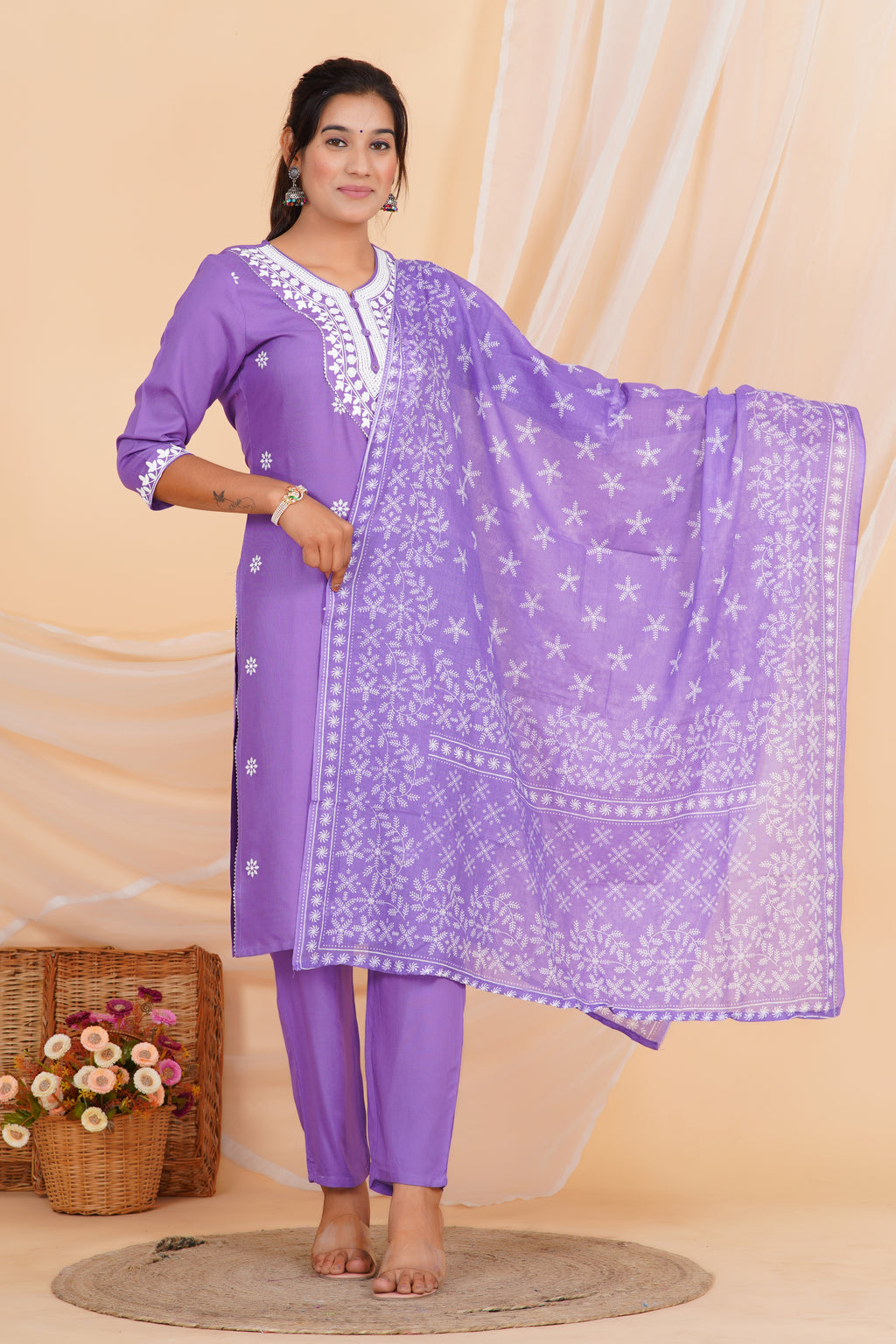 Lavender Premium cotton Printed Kurti Pant Dupatta Set