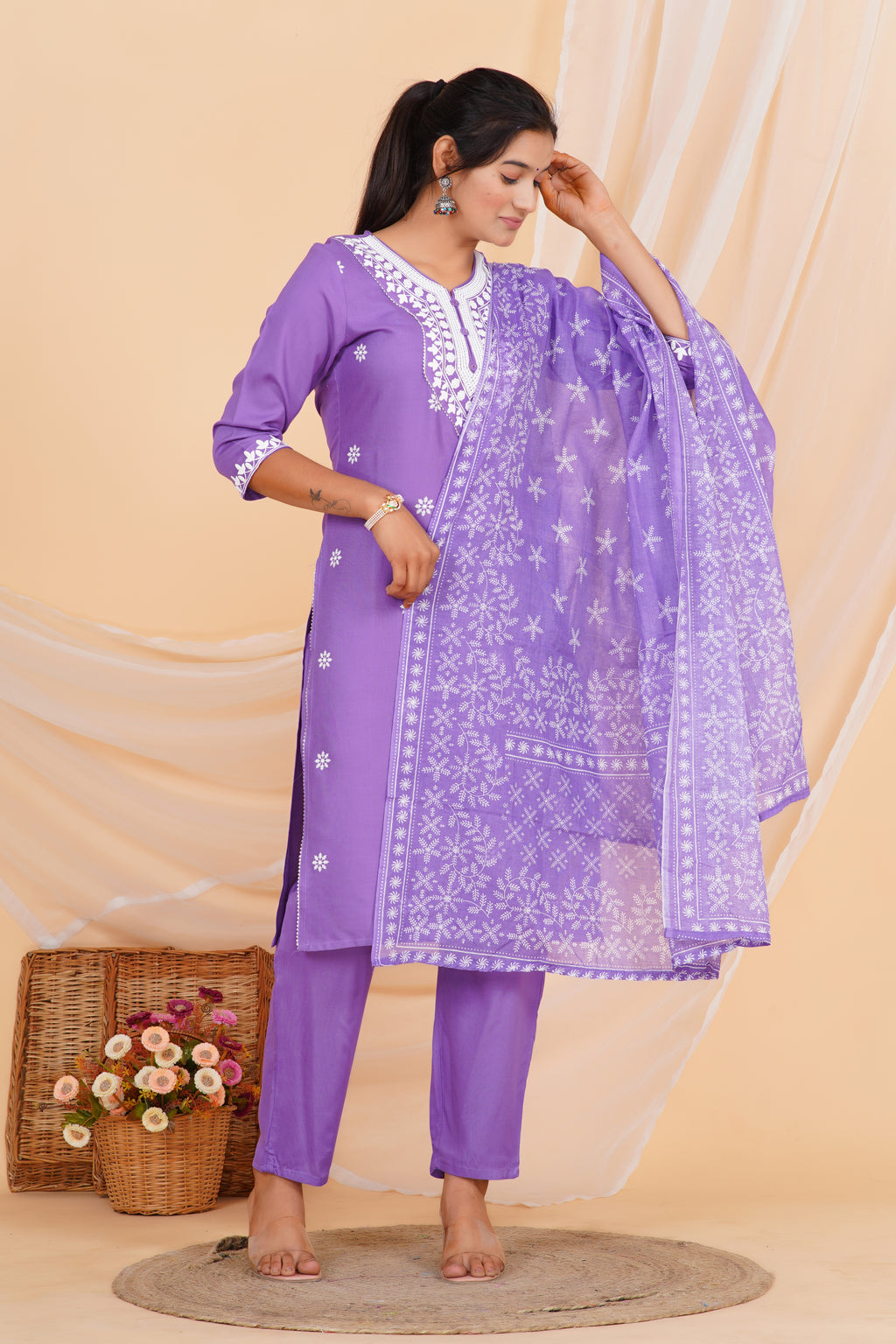 Lavender Premium cotton Printed Kurti Pant Dupatta Set