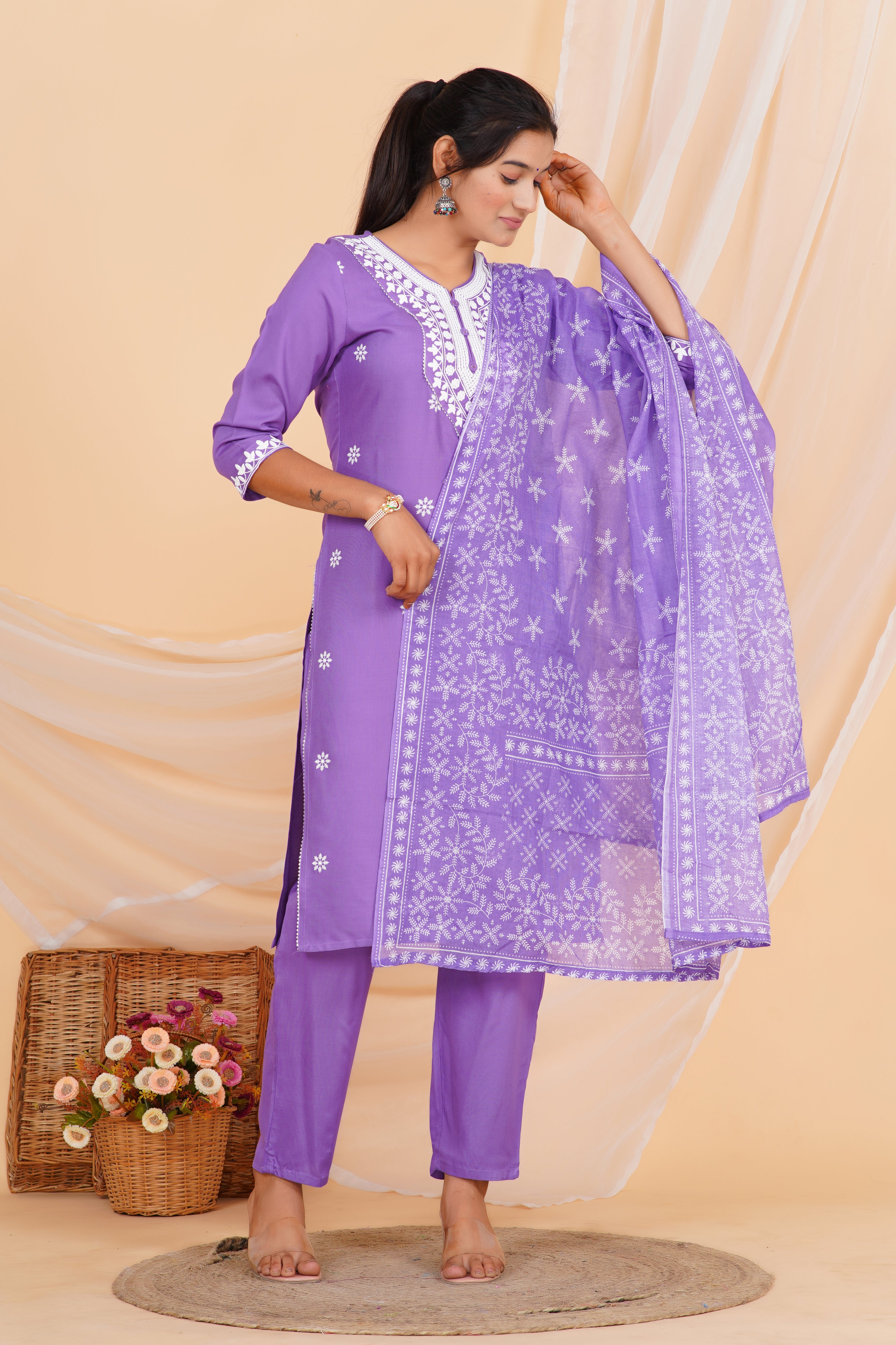 Lavender Premium cotton Printed Kurti Pant Dupatta Set