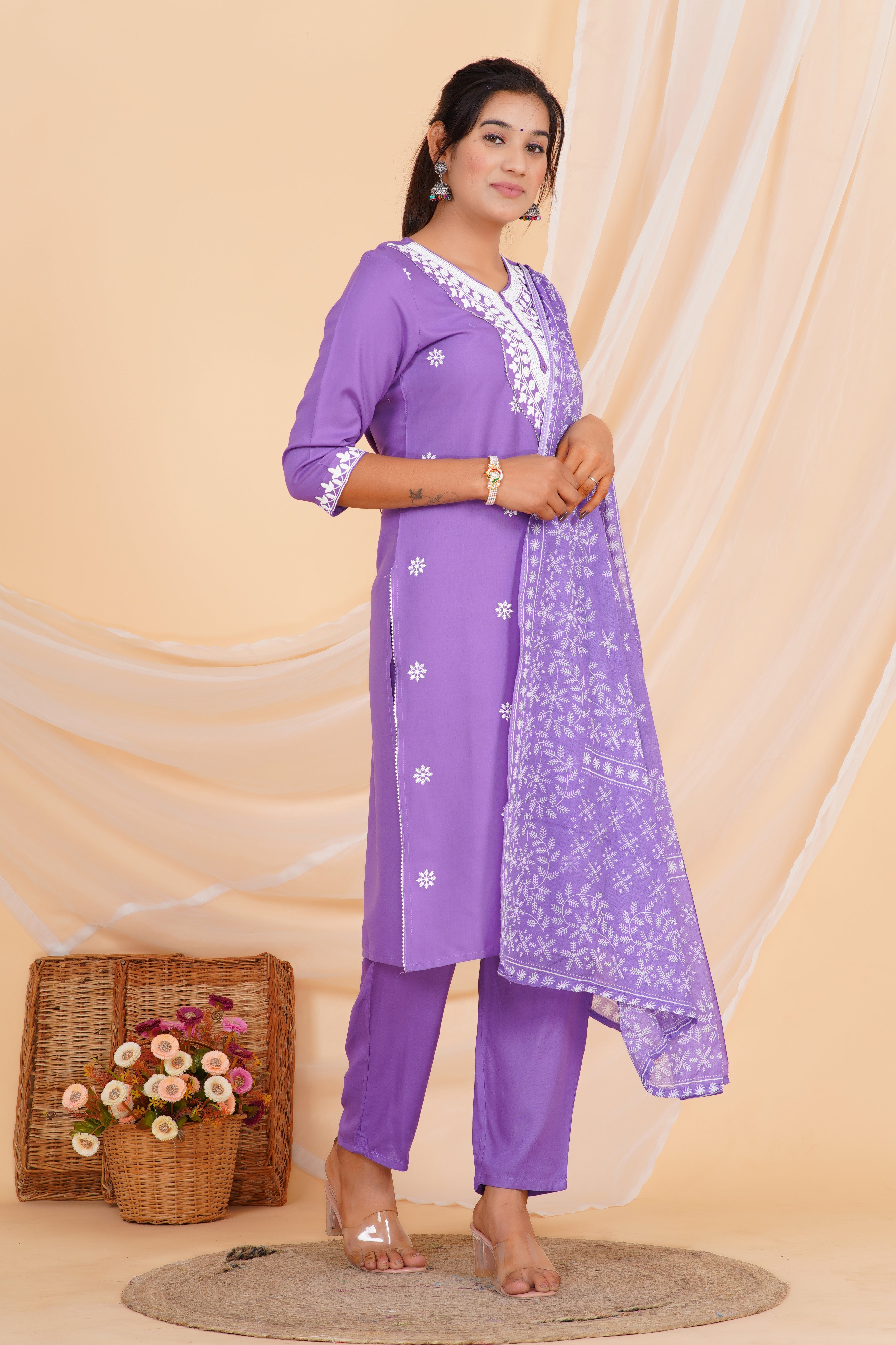 Lavender Premium cotton Printed Kurti Pant Dupatta Set