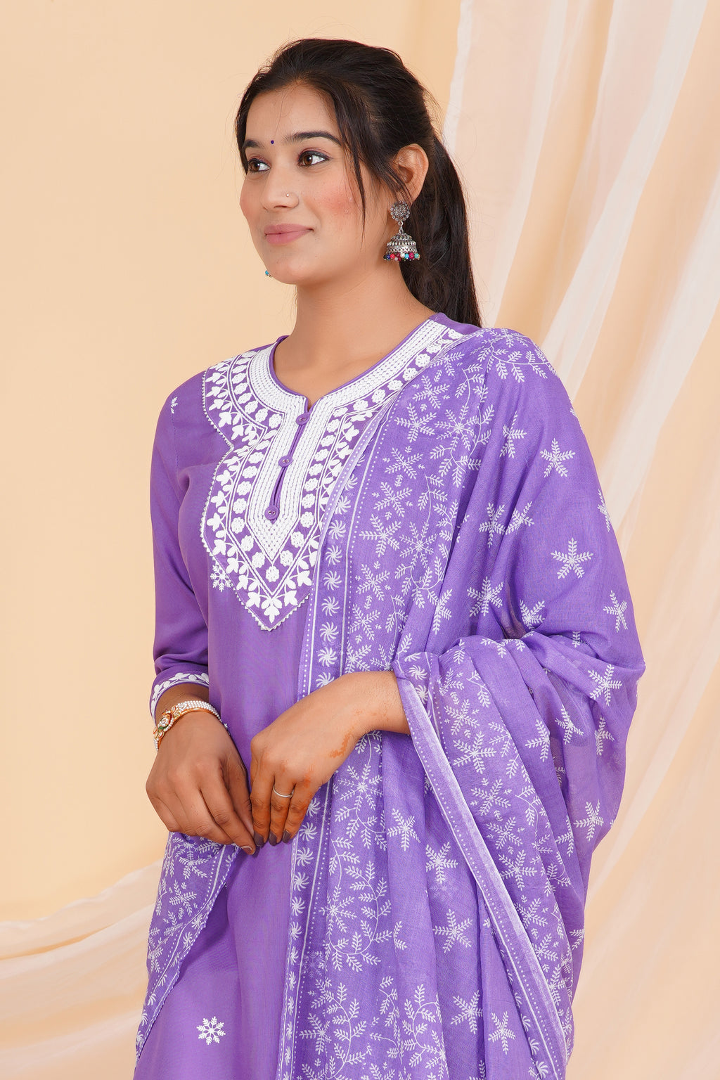 Lavender Premium cotton Printed Kurti Pant Dupatta Set