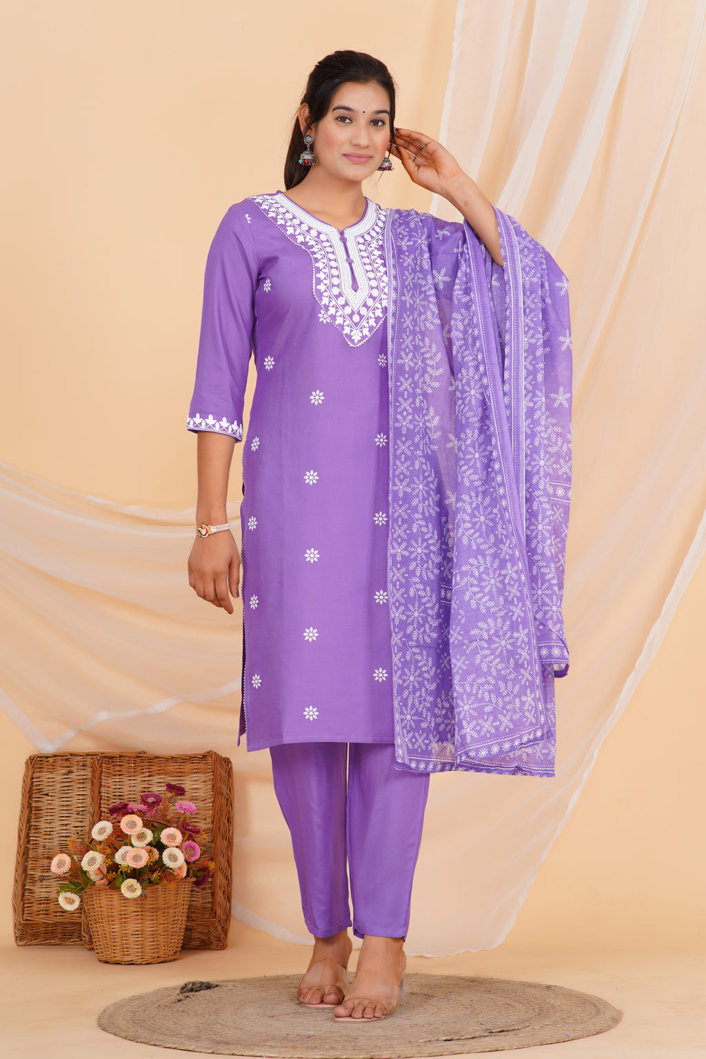 Lavender Premium cotton Printed Kurti Pant Dupatta Set