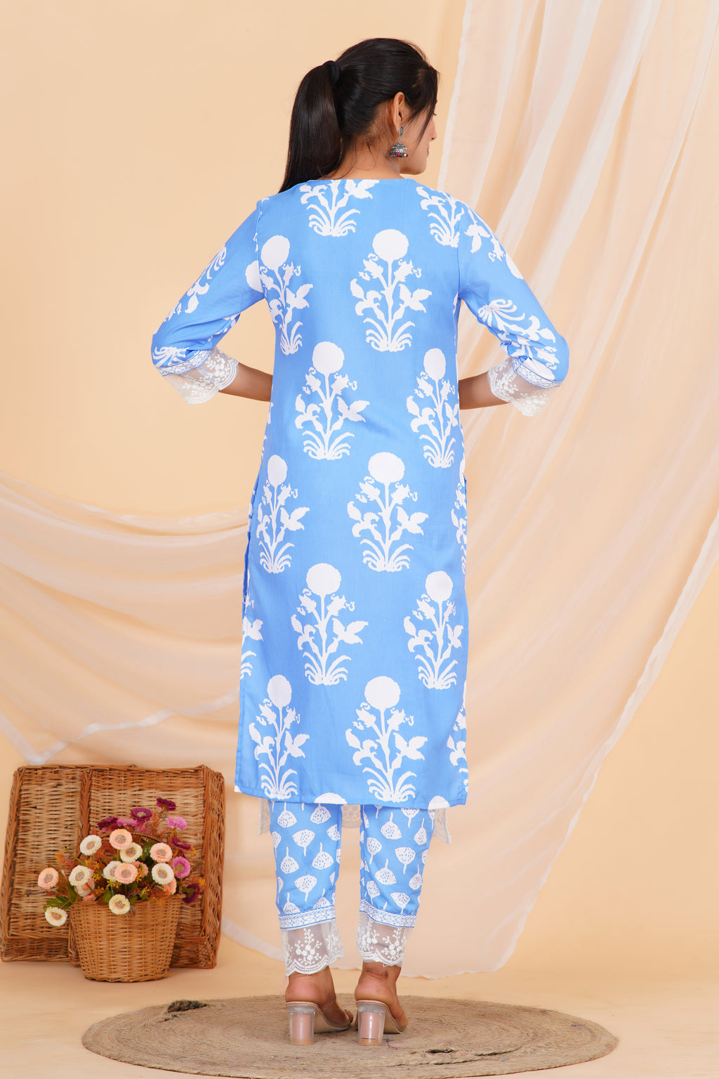 Powder Blue Premium cotton Printed Kurti Pant Dupatta Set
