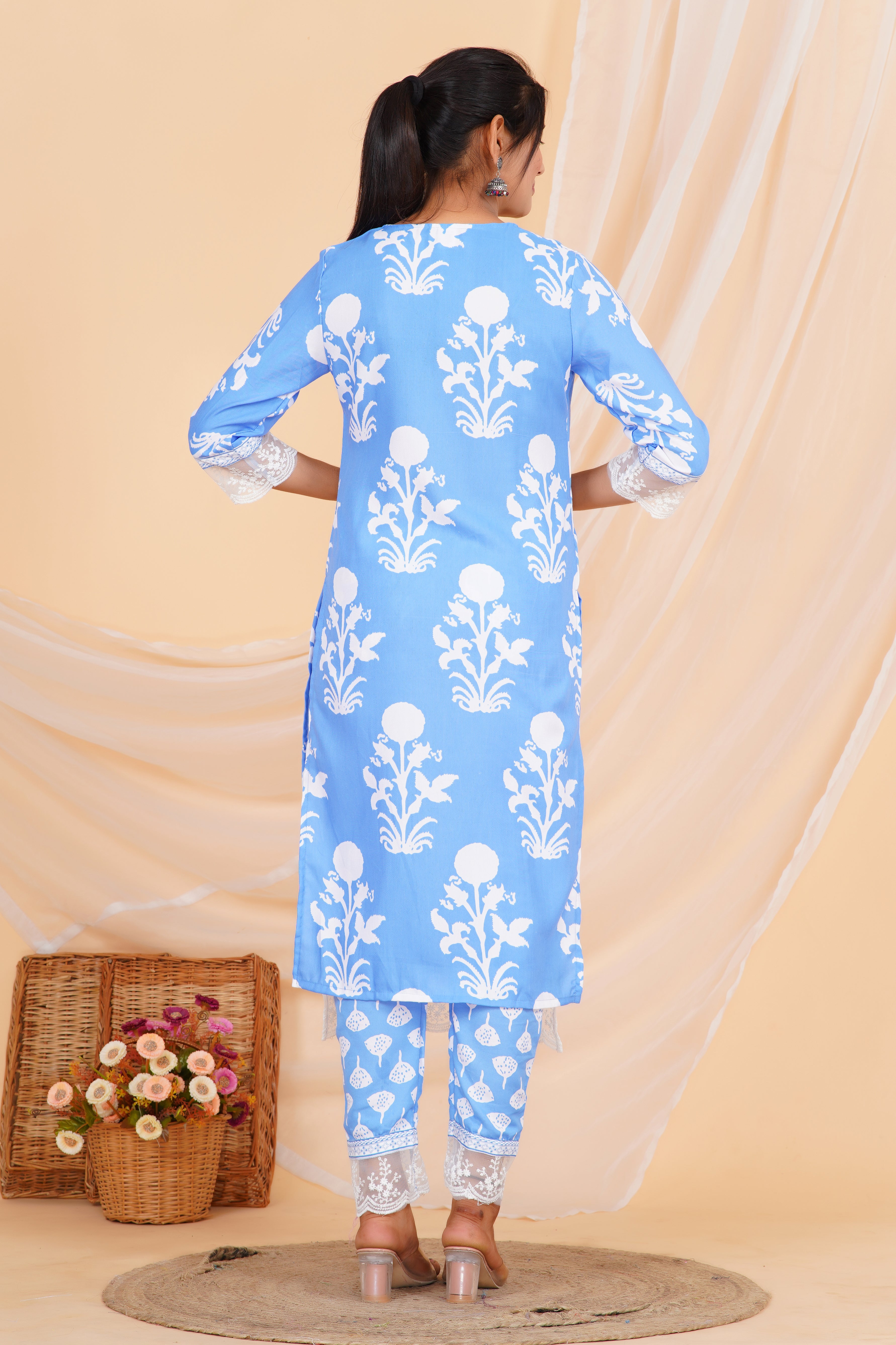 Powder Blue Premium cotton Printed Kurti Pant Dupatta Set