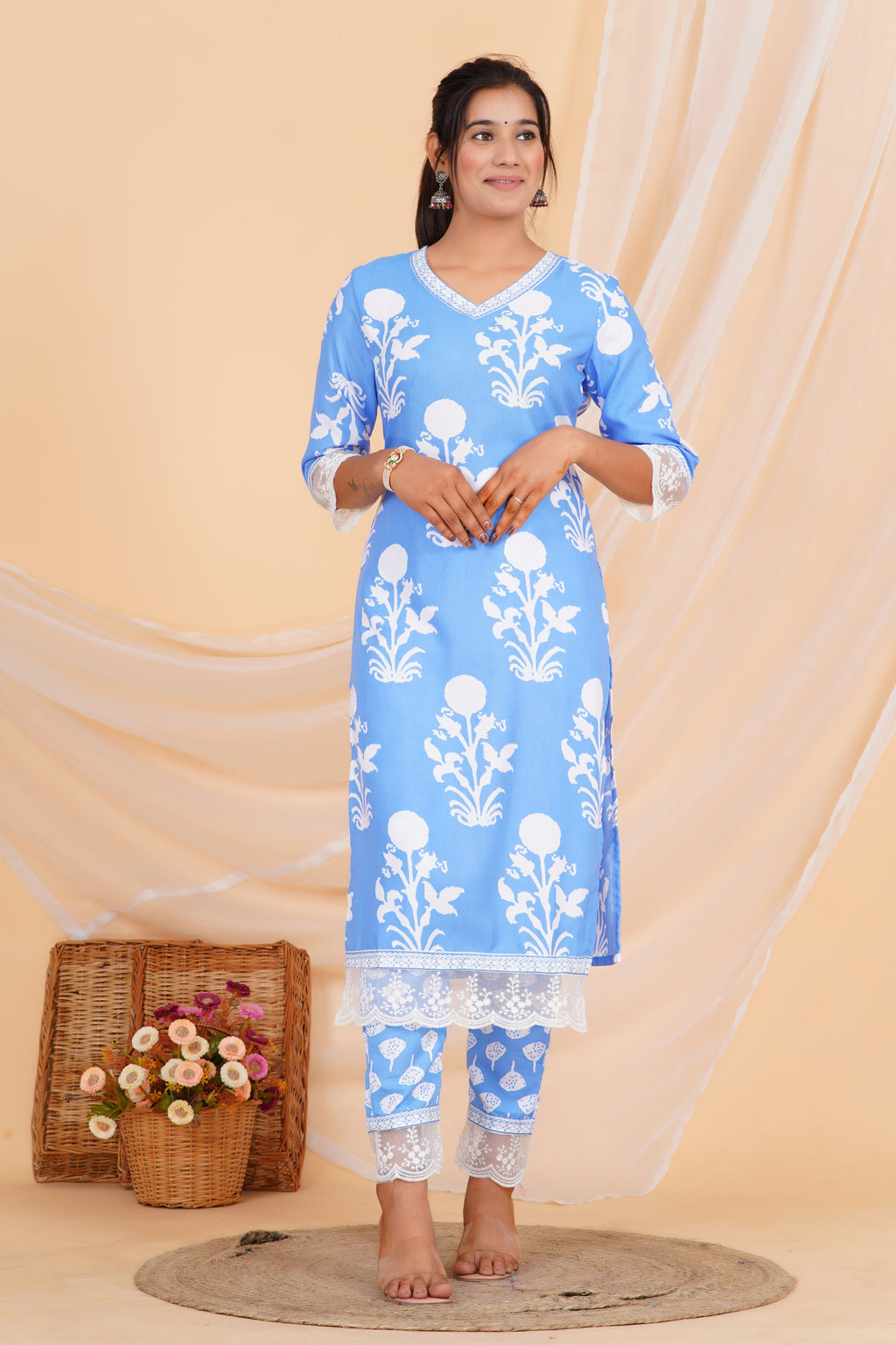 Powder Blue Premium cotton Printed Kurti Pant Dupatta Set