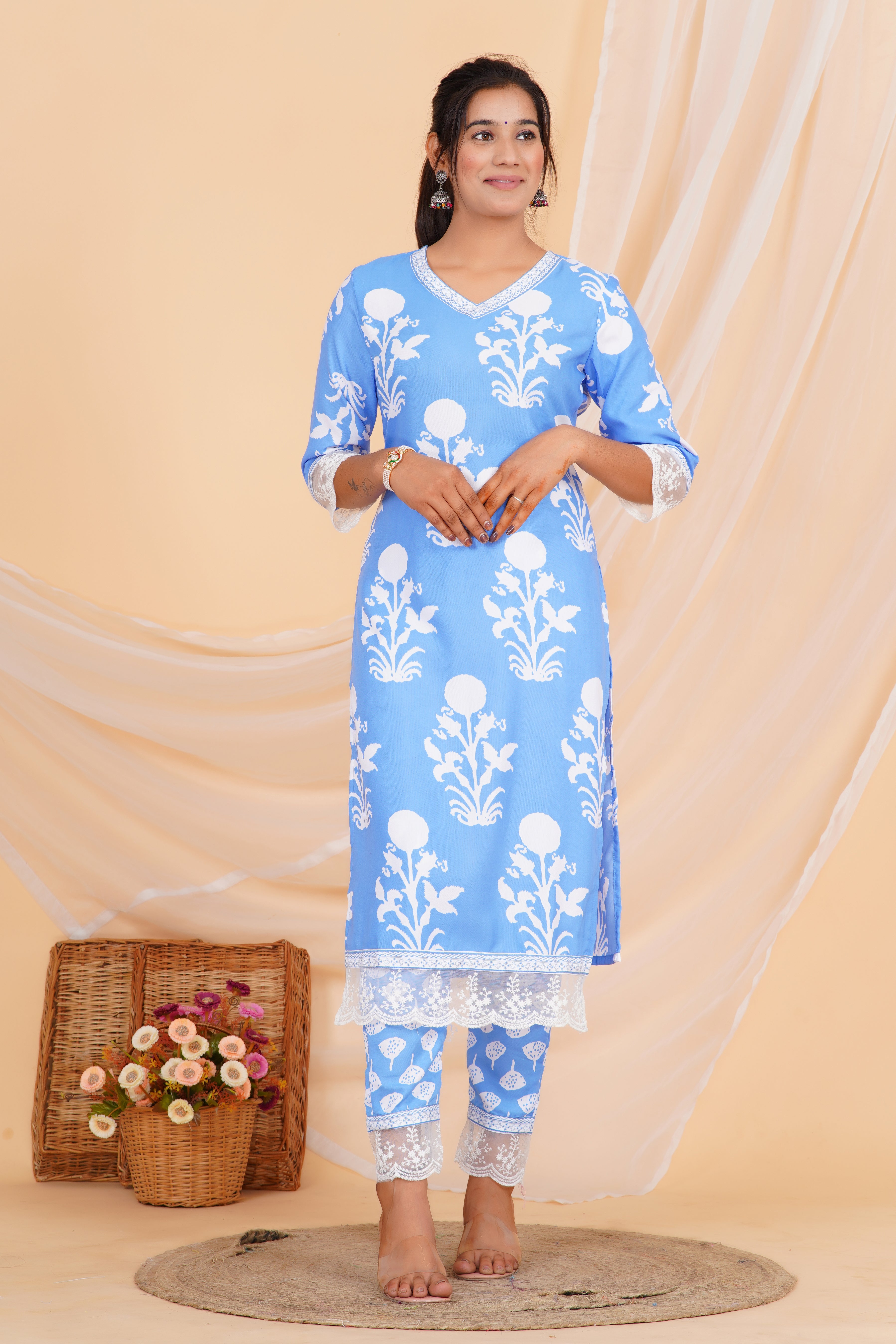 Powder Blue Premium cotton Printed Kurti Pant Dupatta Set