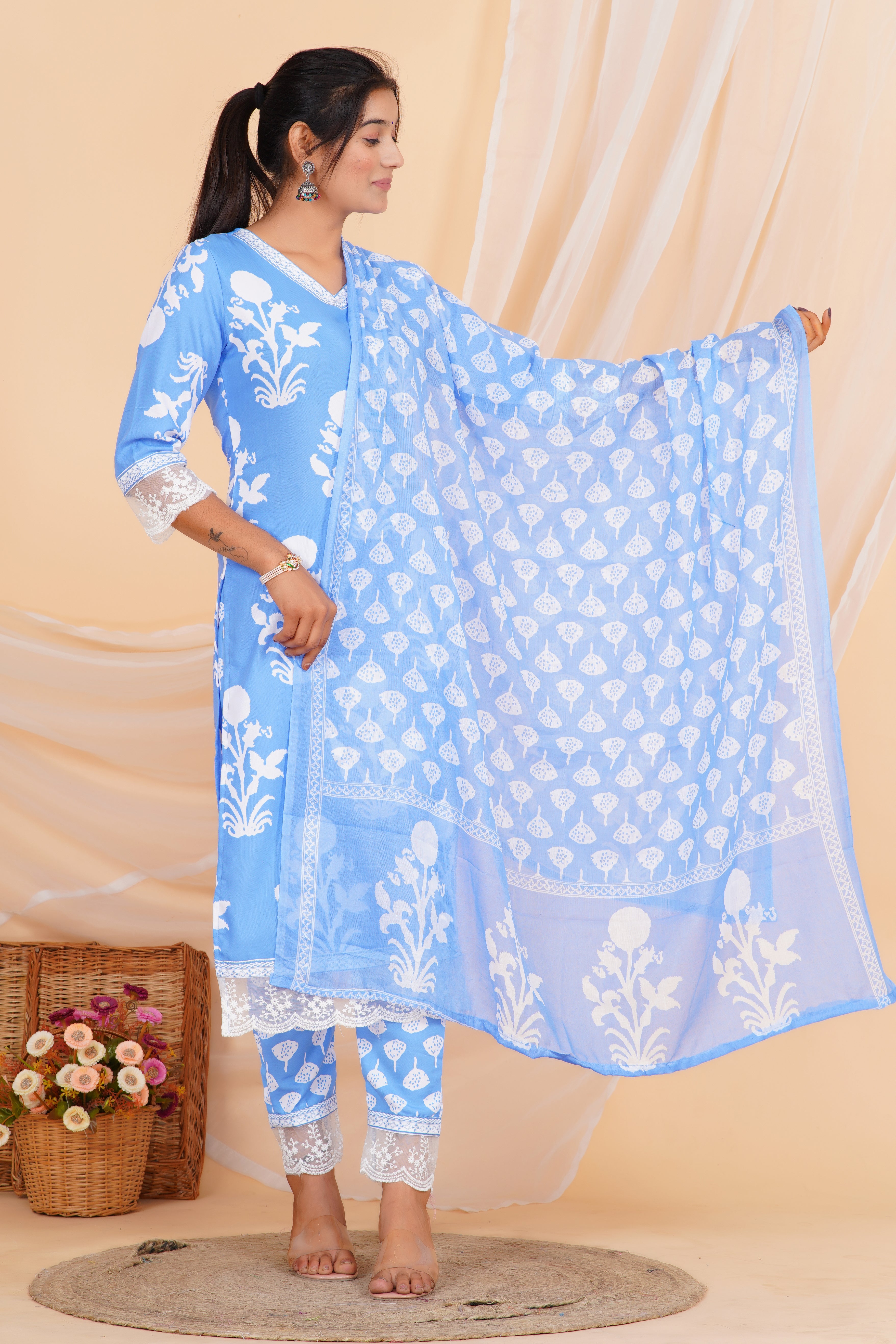 Powder Blue Premium cotton Printed Kurti Pant Dupatta Set