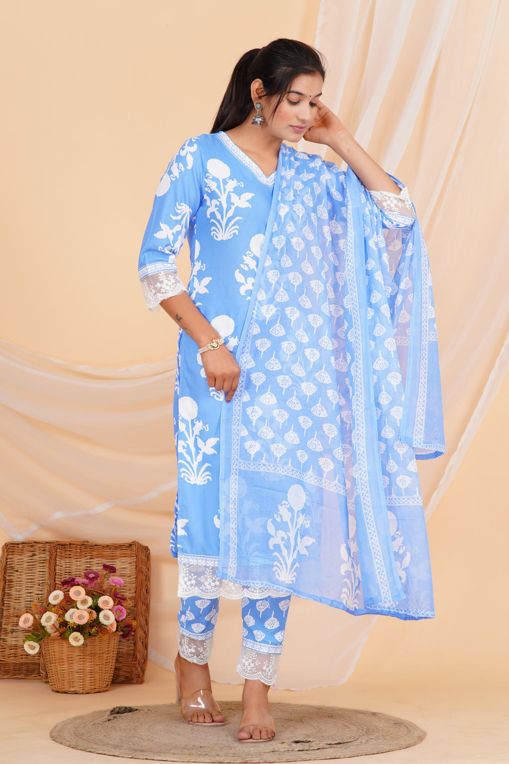 Powder Blue Premium cotton Printed Kurti Pant Dupatta Set