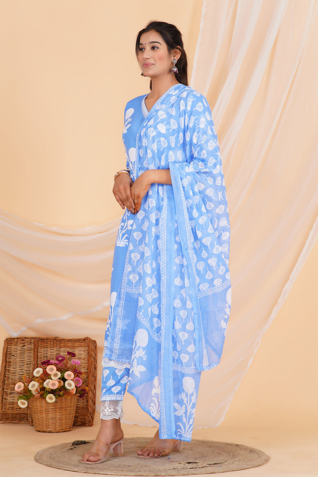 Powder Blue Premium cotton Printed Kurti Pant Dupatta Set