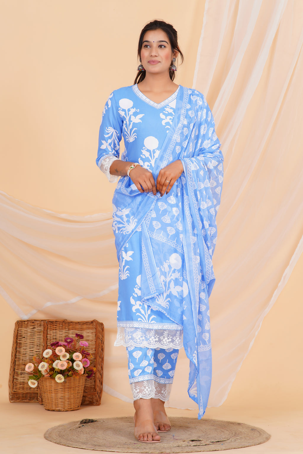 Powder Blue Premium cotton Printed Kurti Pant Dupatta Set