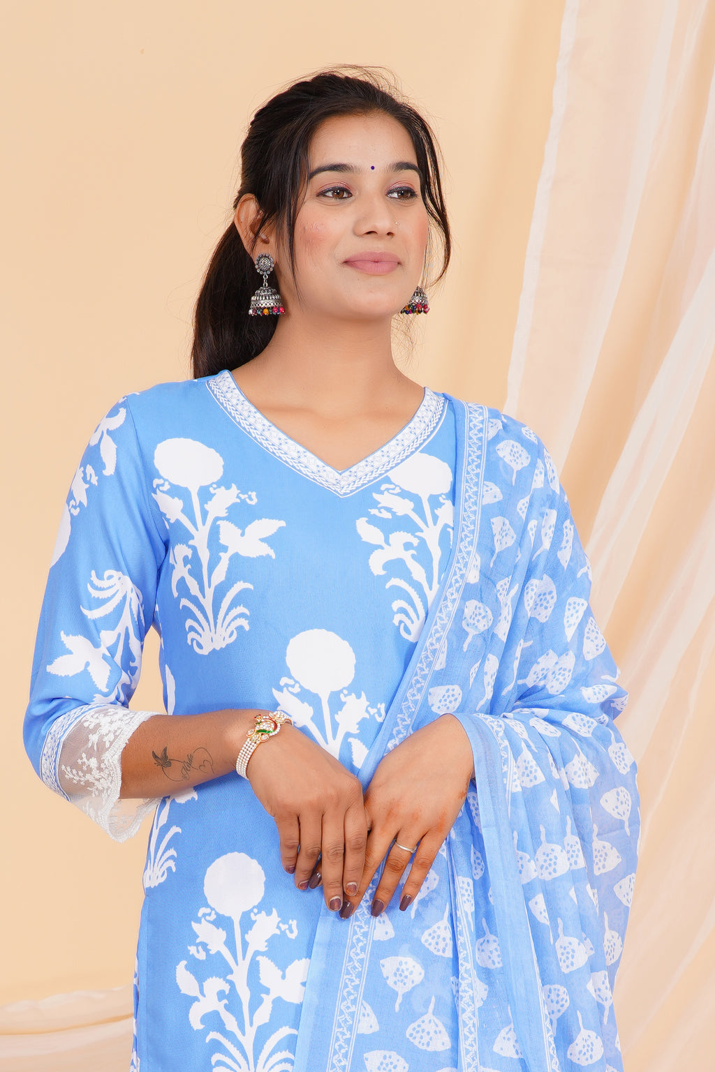Powder Blue Premium cotton Printed Kurti Pant Dupatta Set
