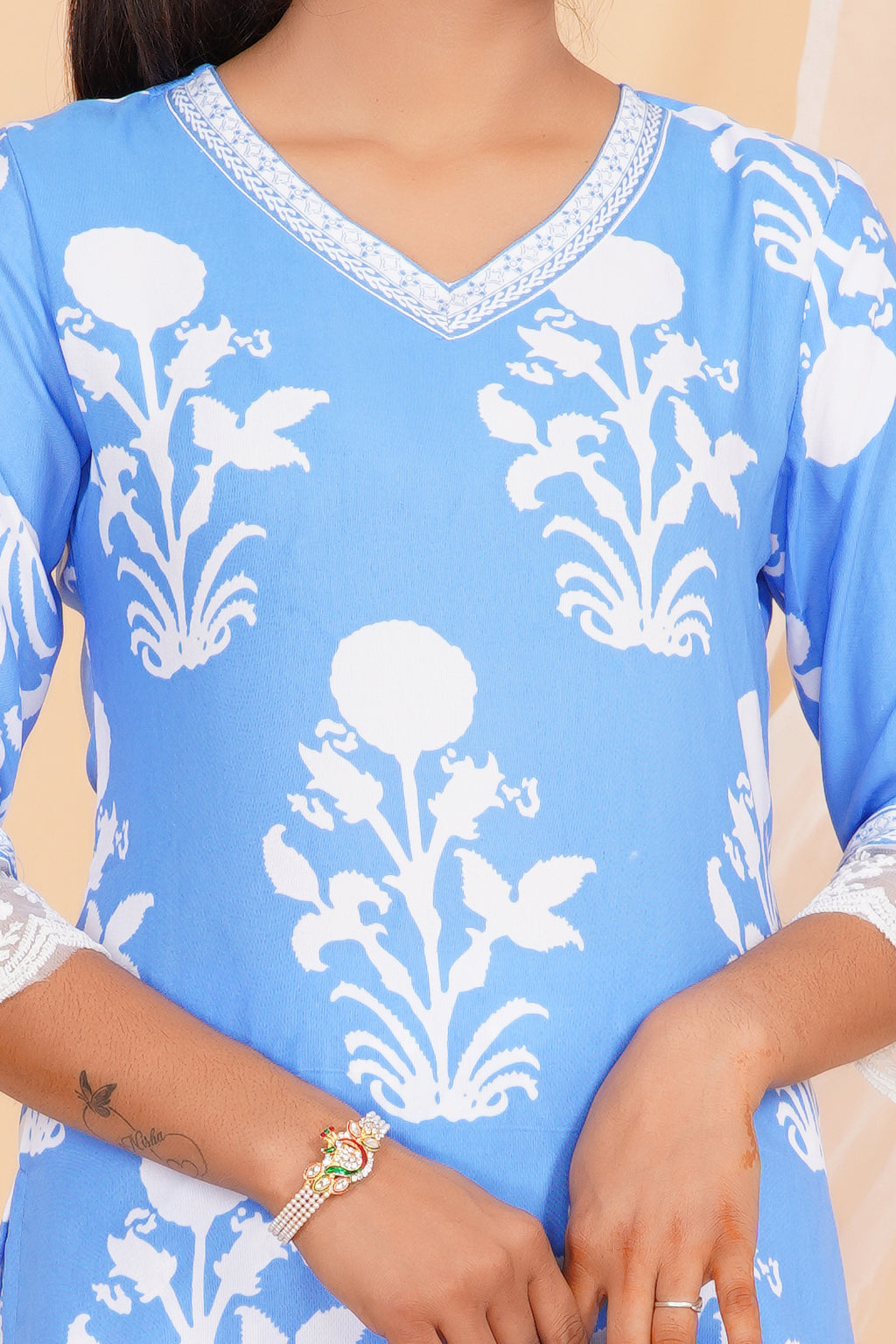 Powder Blue Premium cotton Printed Kurti Pant Dupatta Set