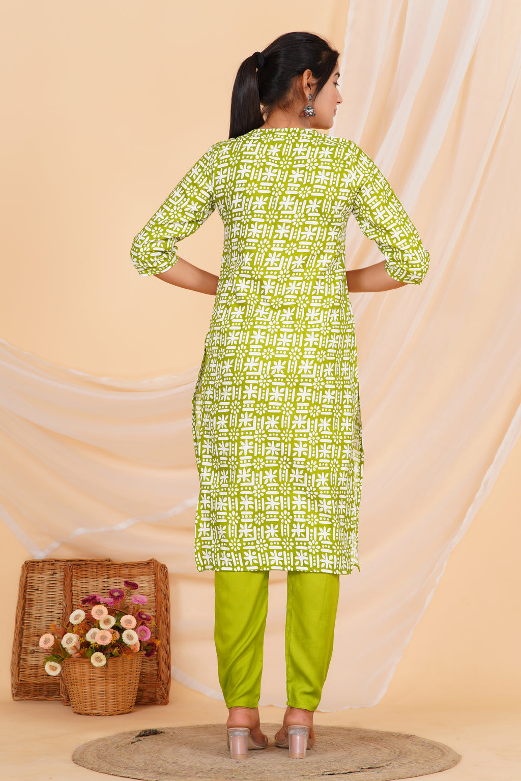 Green Embroidery Premium cotton Printed Kurti Pant Dupatta Set