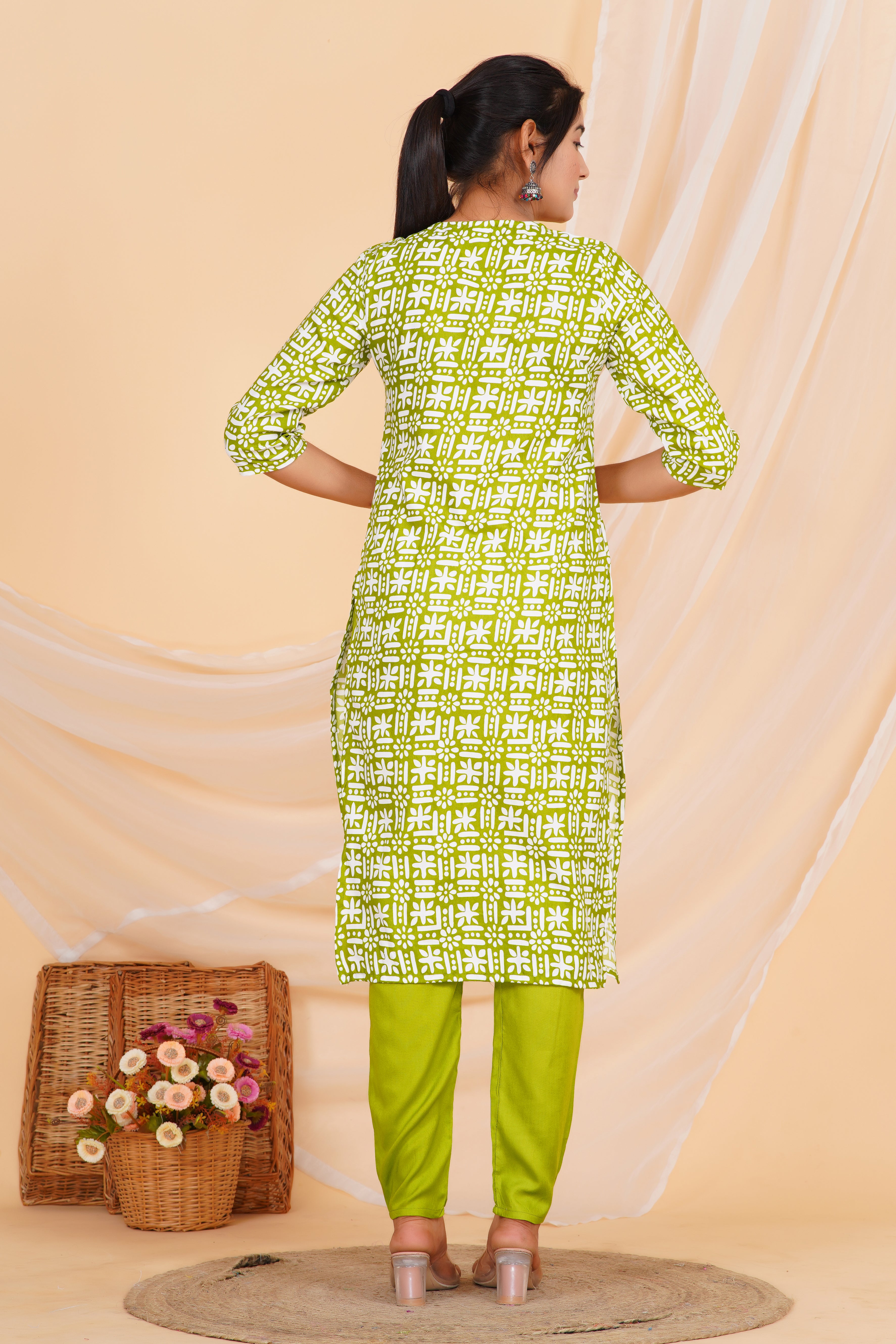 Green Embroidery Premium cotton Printed Kurti Pant Dupatta Set