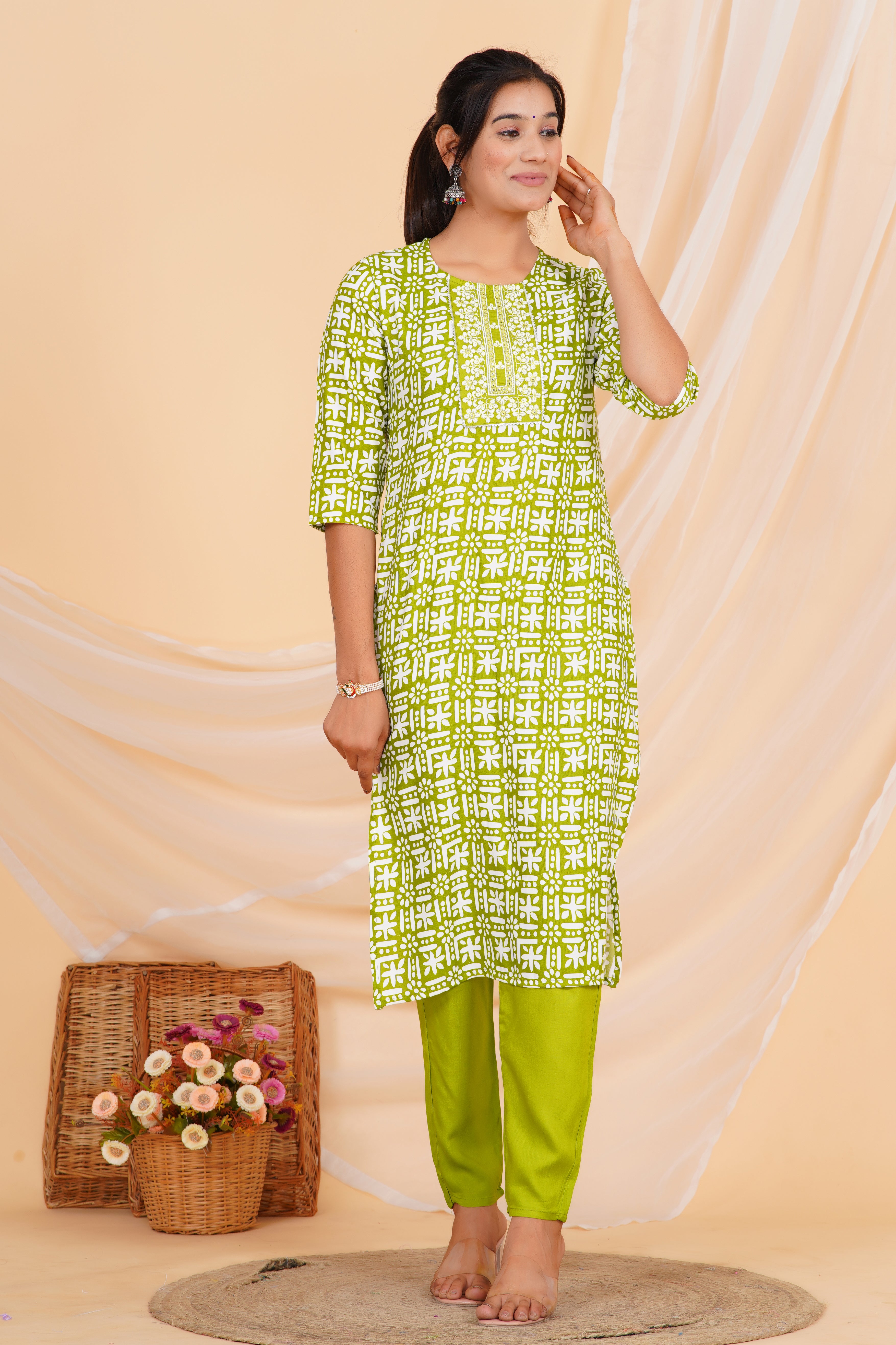 Green Embroidery Premium cotton Printed Kurti Pant Dupatta Set