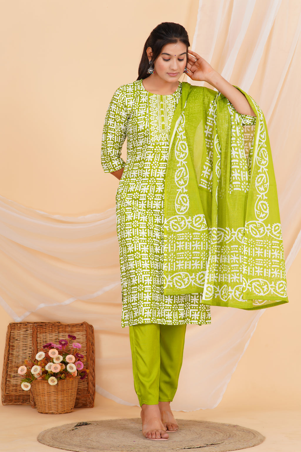 Green Embroidery Premium cotton Printed Kurti Pant Dupatta Set