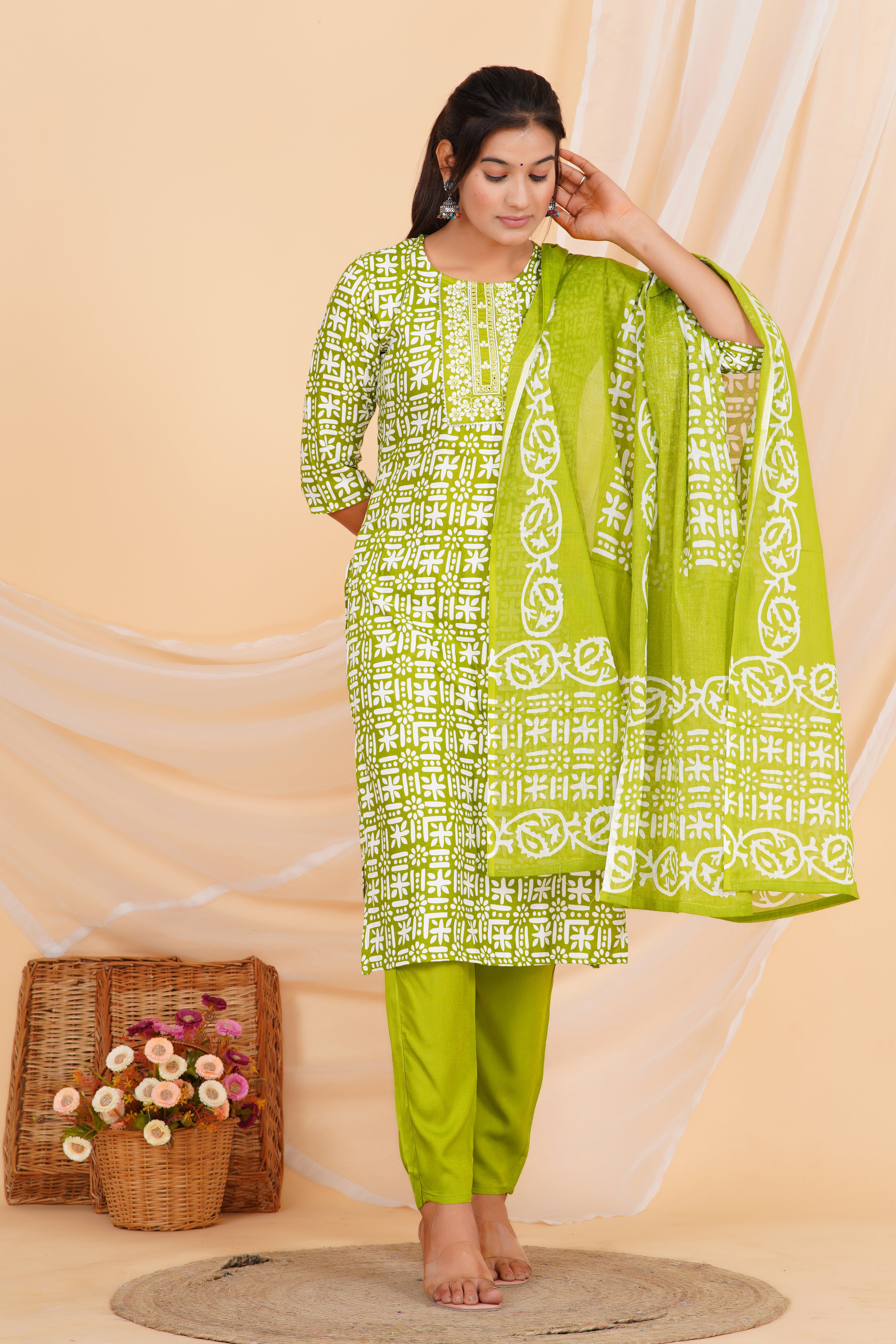 Green Embroidery Premium cotton Printed Kurti Pant Dupatta Set