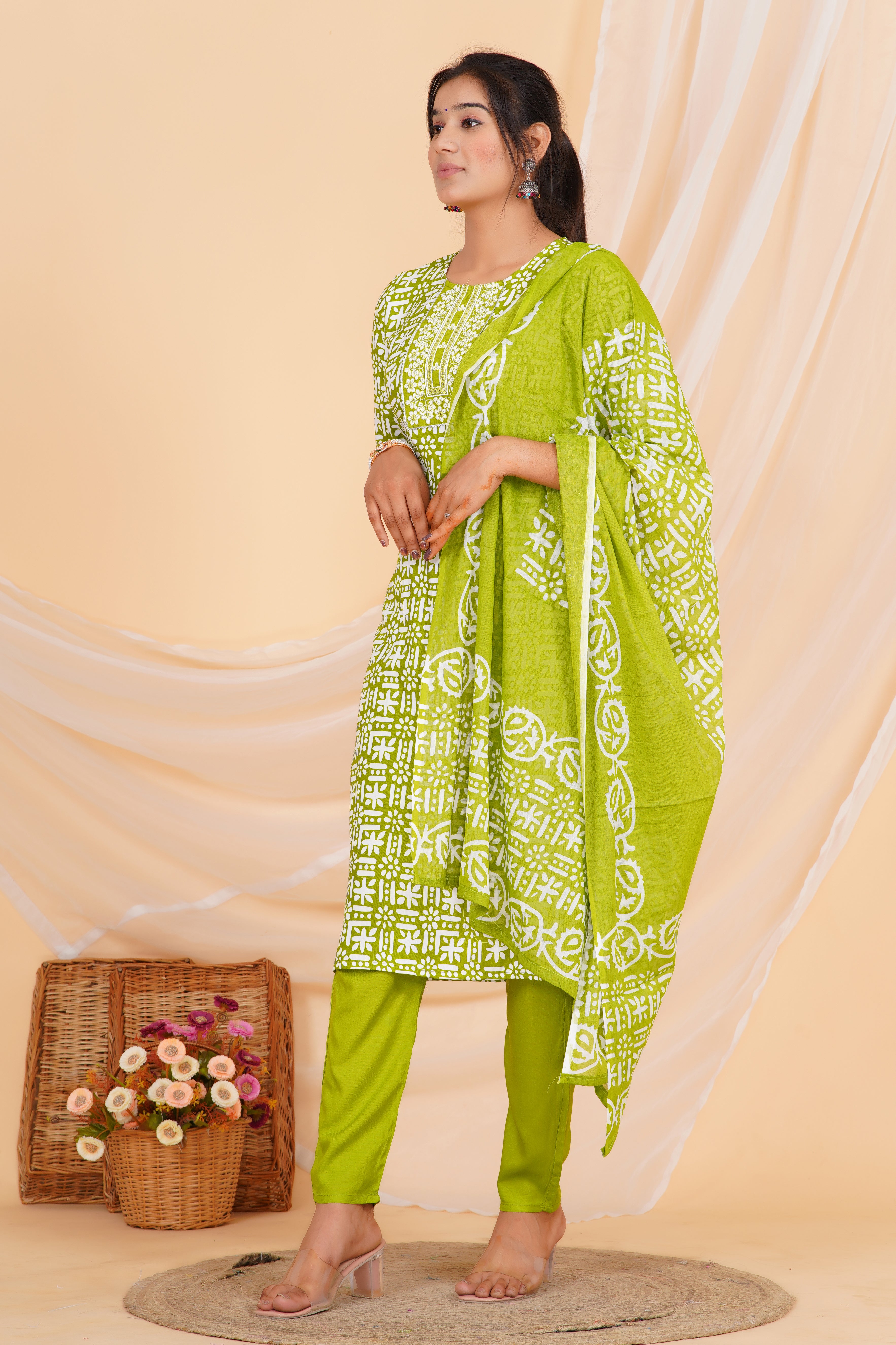 Green Embroidery Premium cotton Printed Kurti Pant Dupatta Set