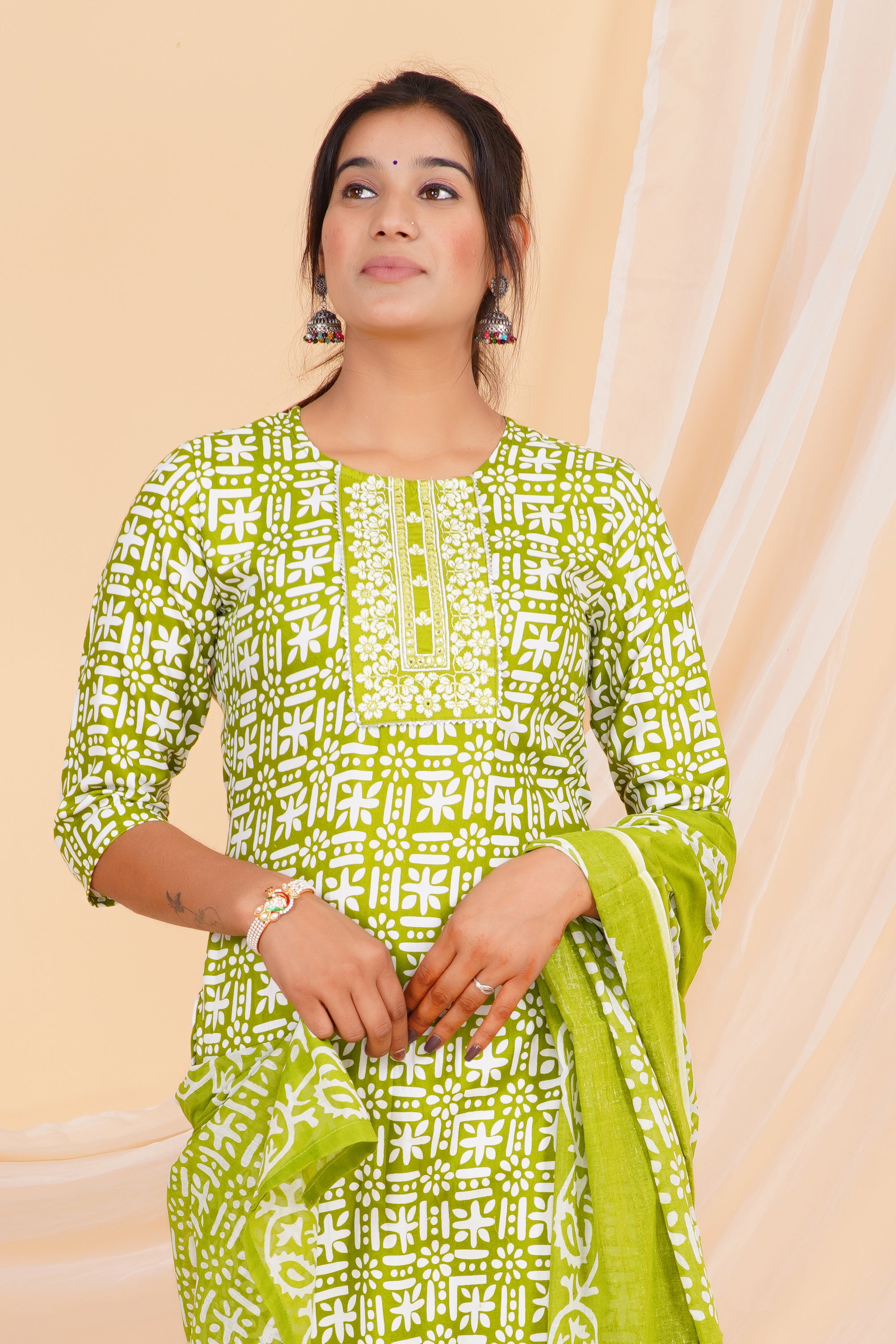 Green Embroidery Premium cotton Printed Kurti Pant Dupatta Set