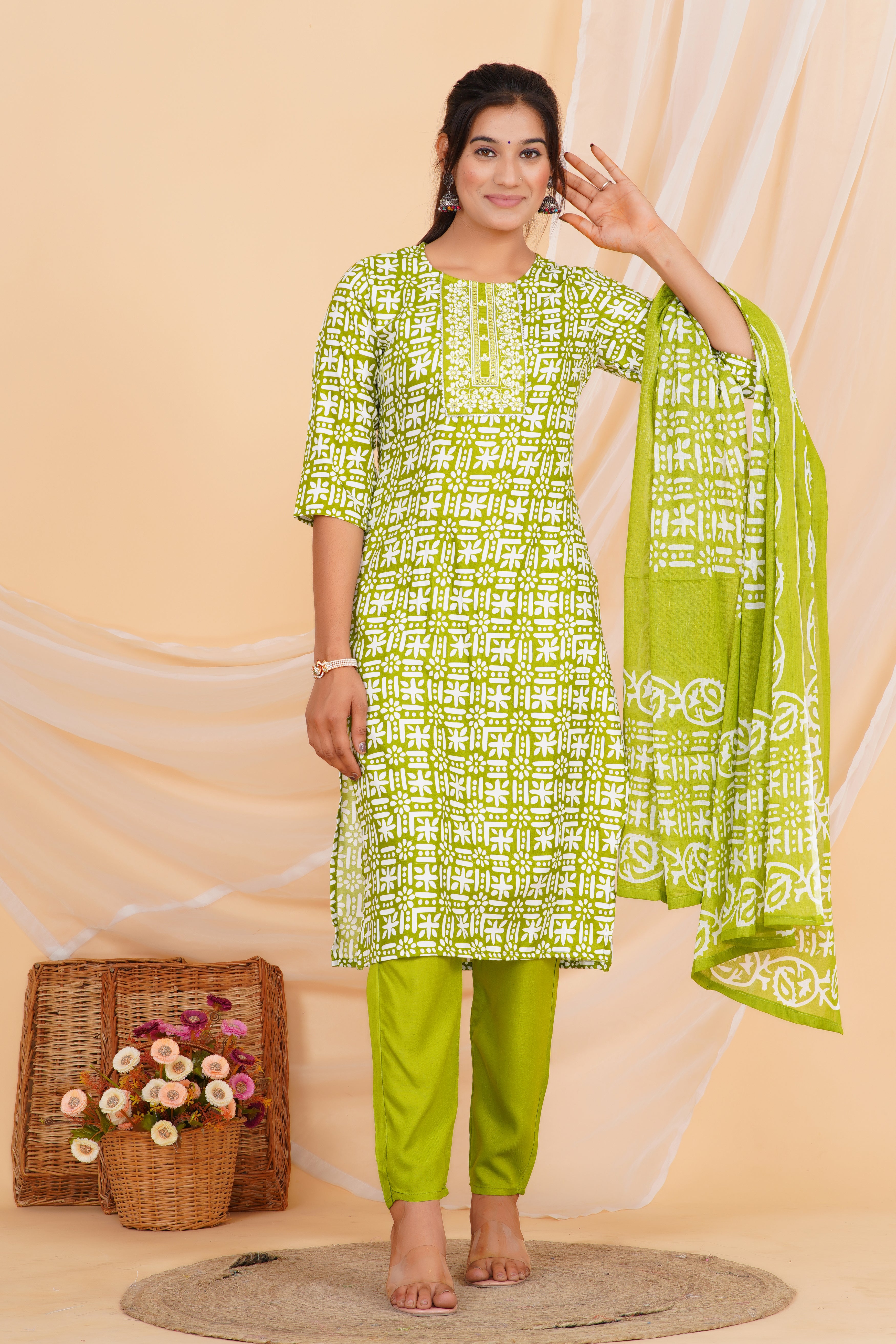 Green Embroidery Premium cotton Printed Kurti Pant Dupatta Set