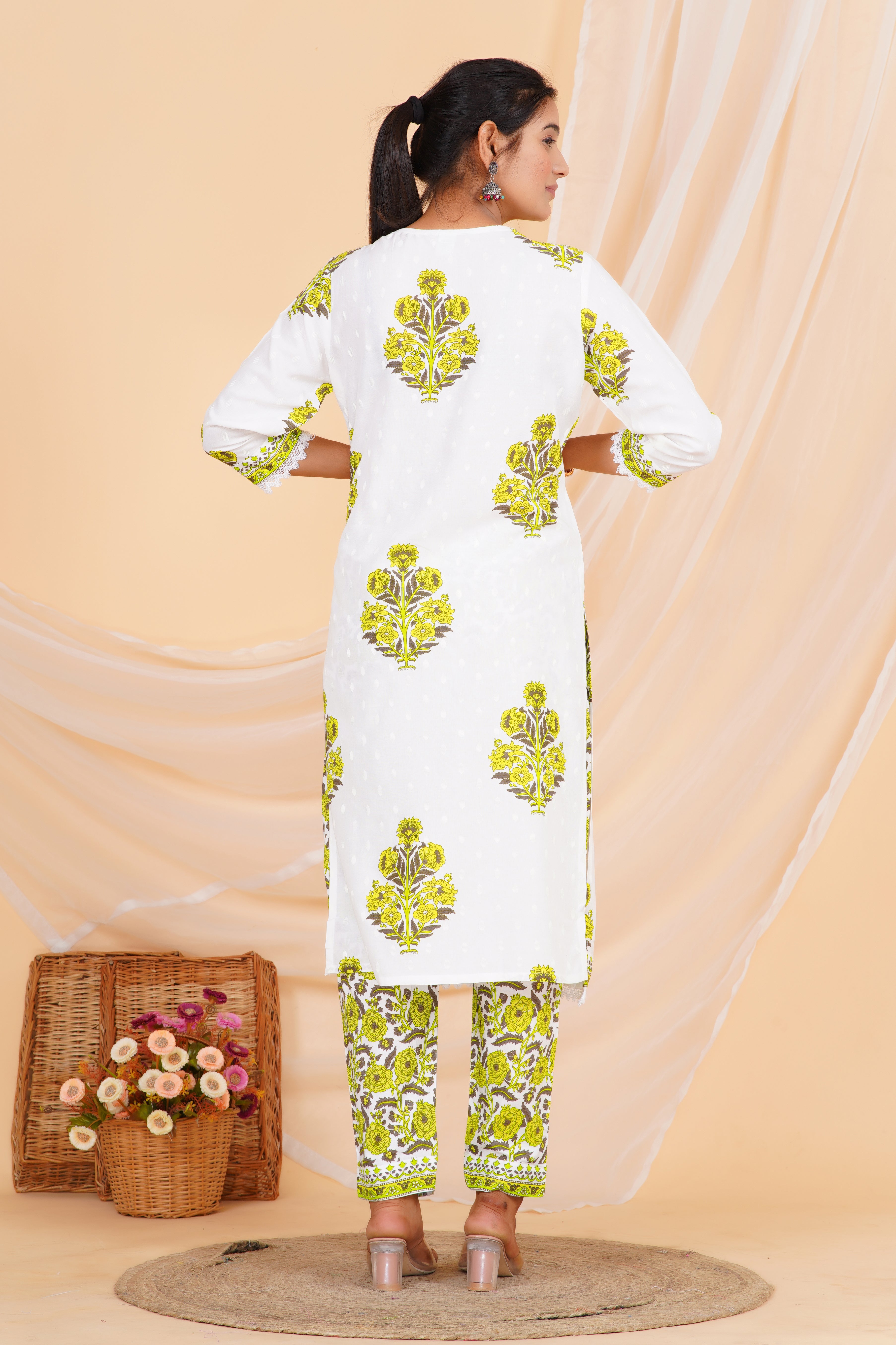 Green Flower Premium cotton Printed Kurti Pant Dupatta Set