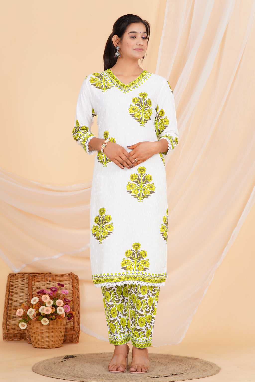 Green Flower Premium cotton Printed Kurti Pant Dupatta Set