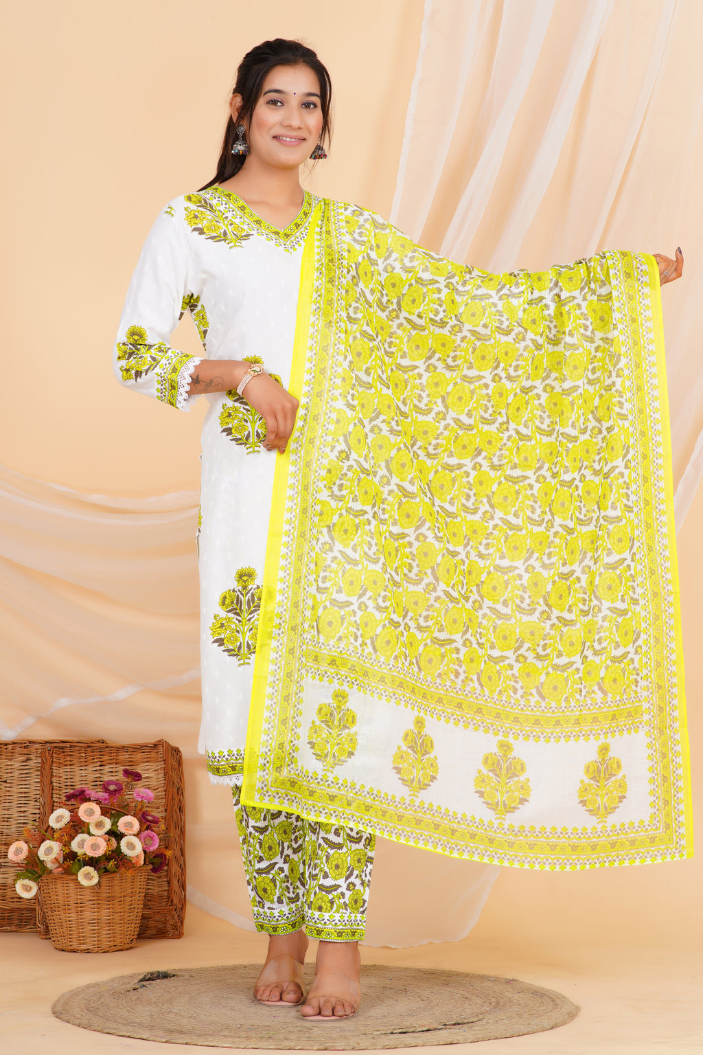 Green Flower Premium cotton Printed Kurti Pant Dupatta Set