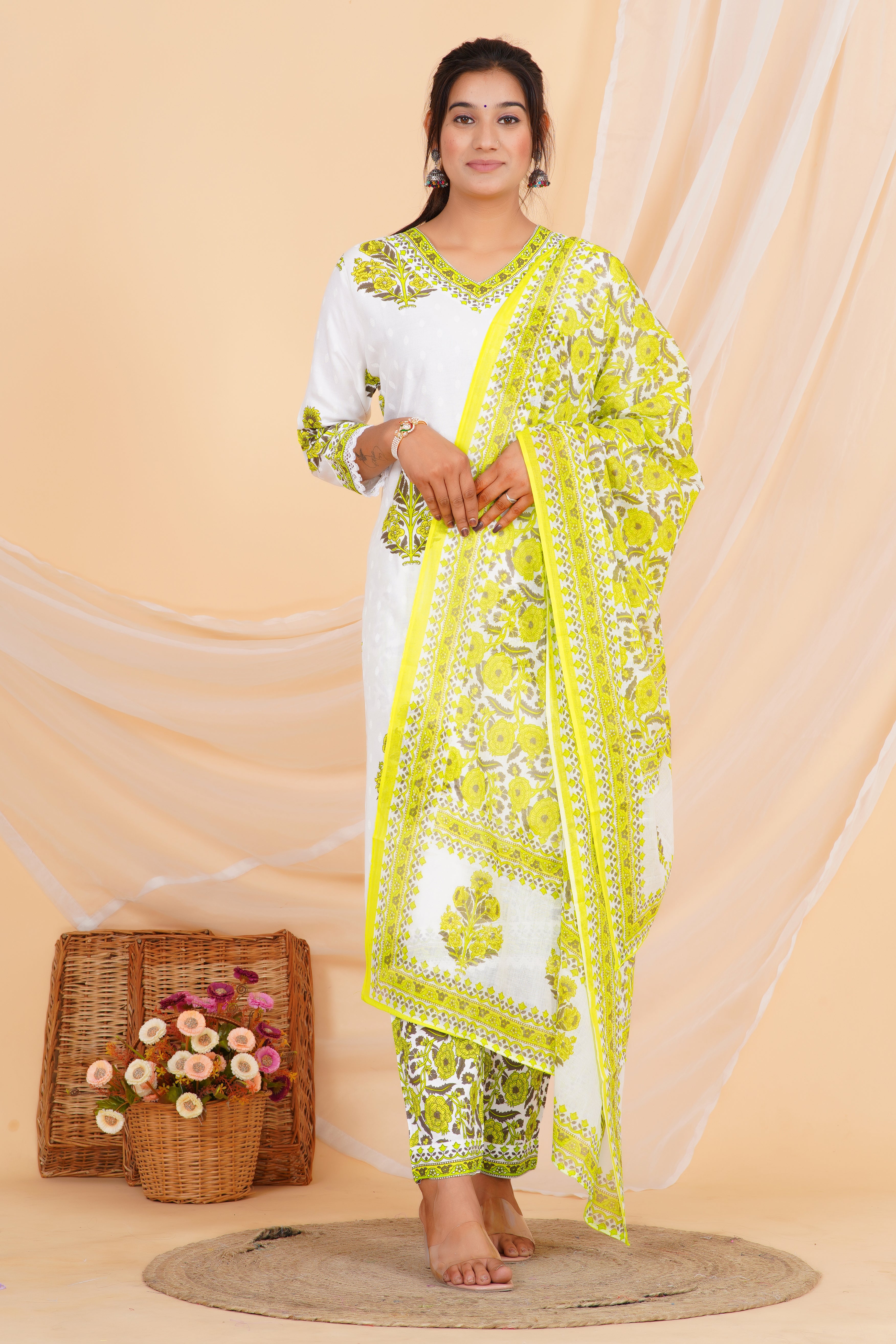 Green Flower Premium cotton Printed Kurti Pant Dupatta Set