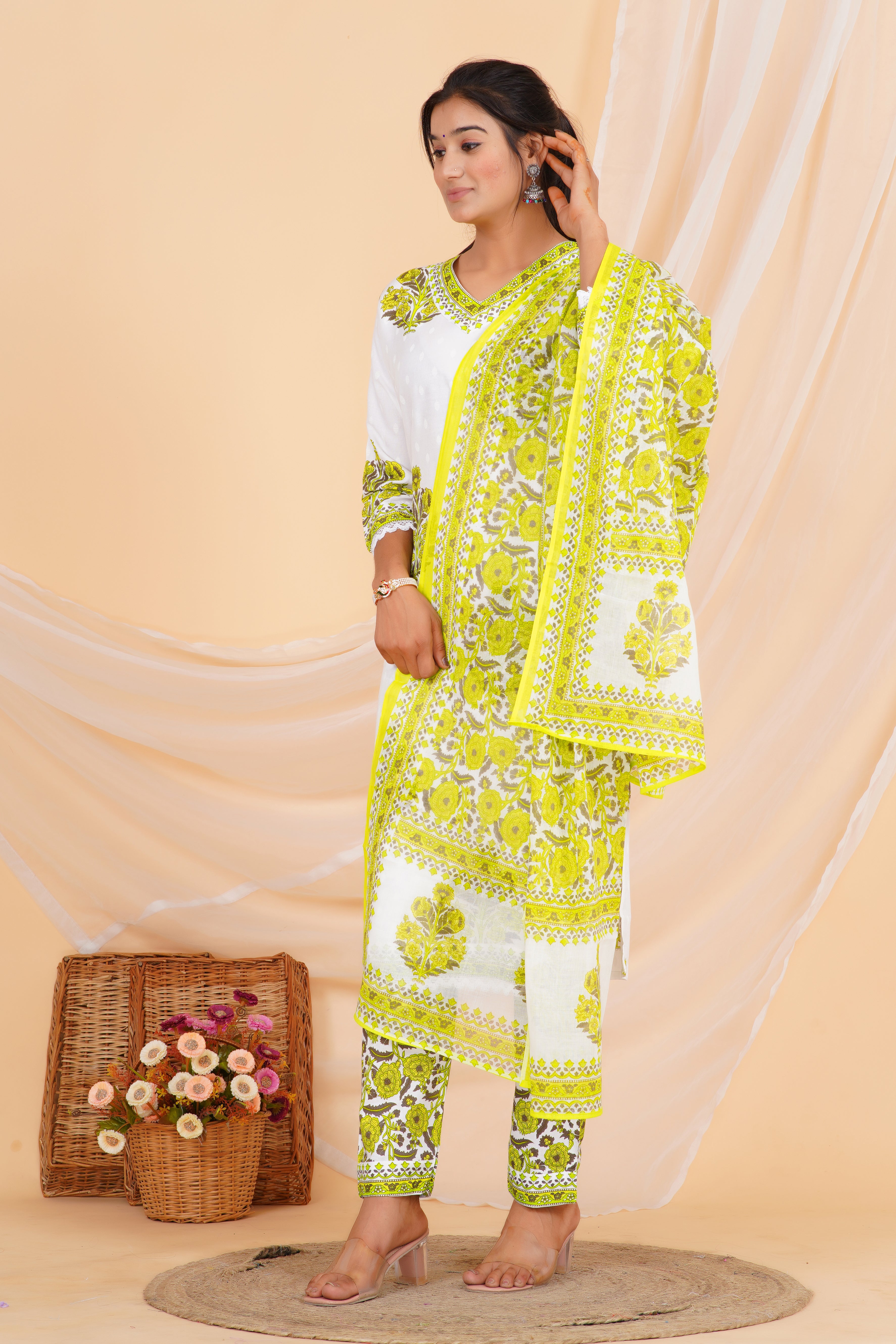 Green Flower Premium cotton Printed Kurti Pant Dupatta Set