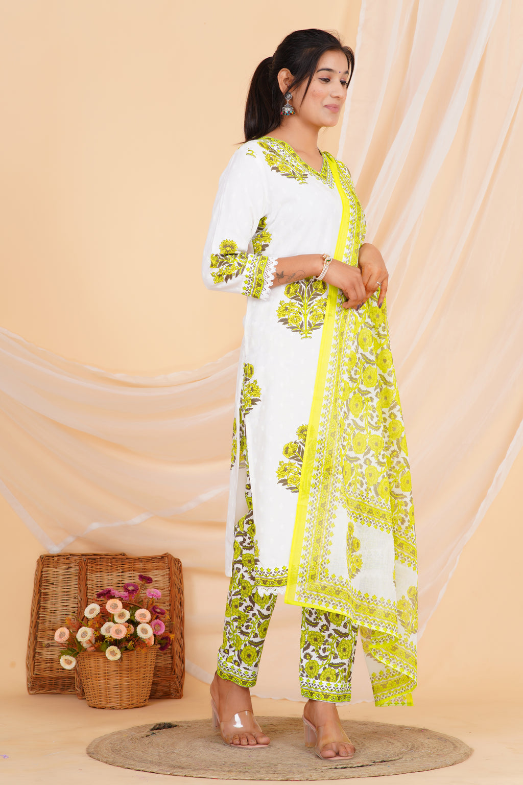 Green Flower Premium cotton Printed Kurti Pant Dupatta Set