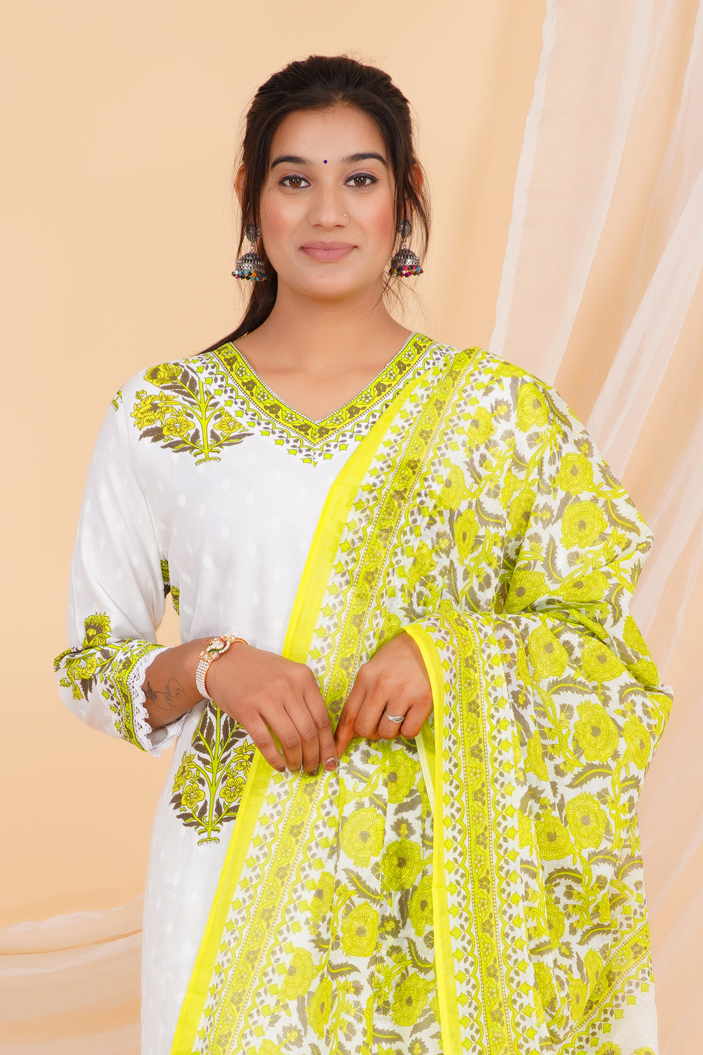 Green Flower Premium cotton Printed Kurti Pant Dupatta Set