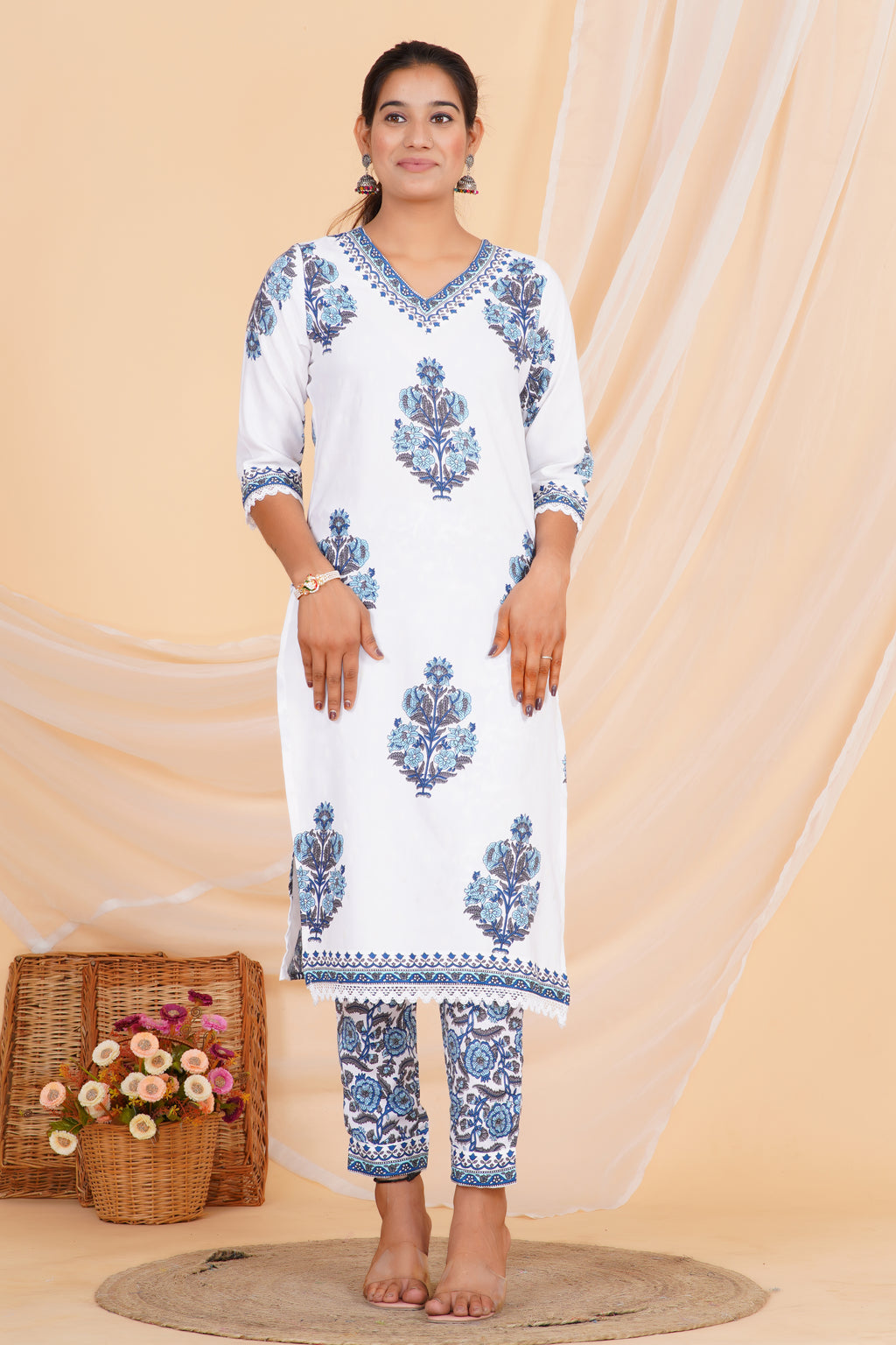 Gray Flower Premium cotton Printed Kurti Pant Dupatta Set