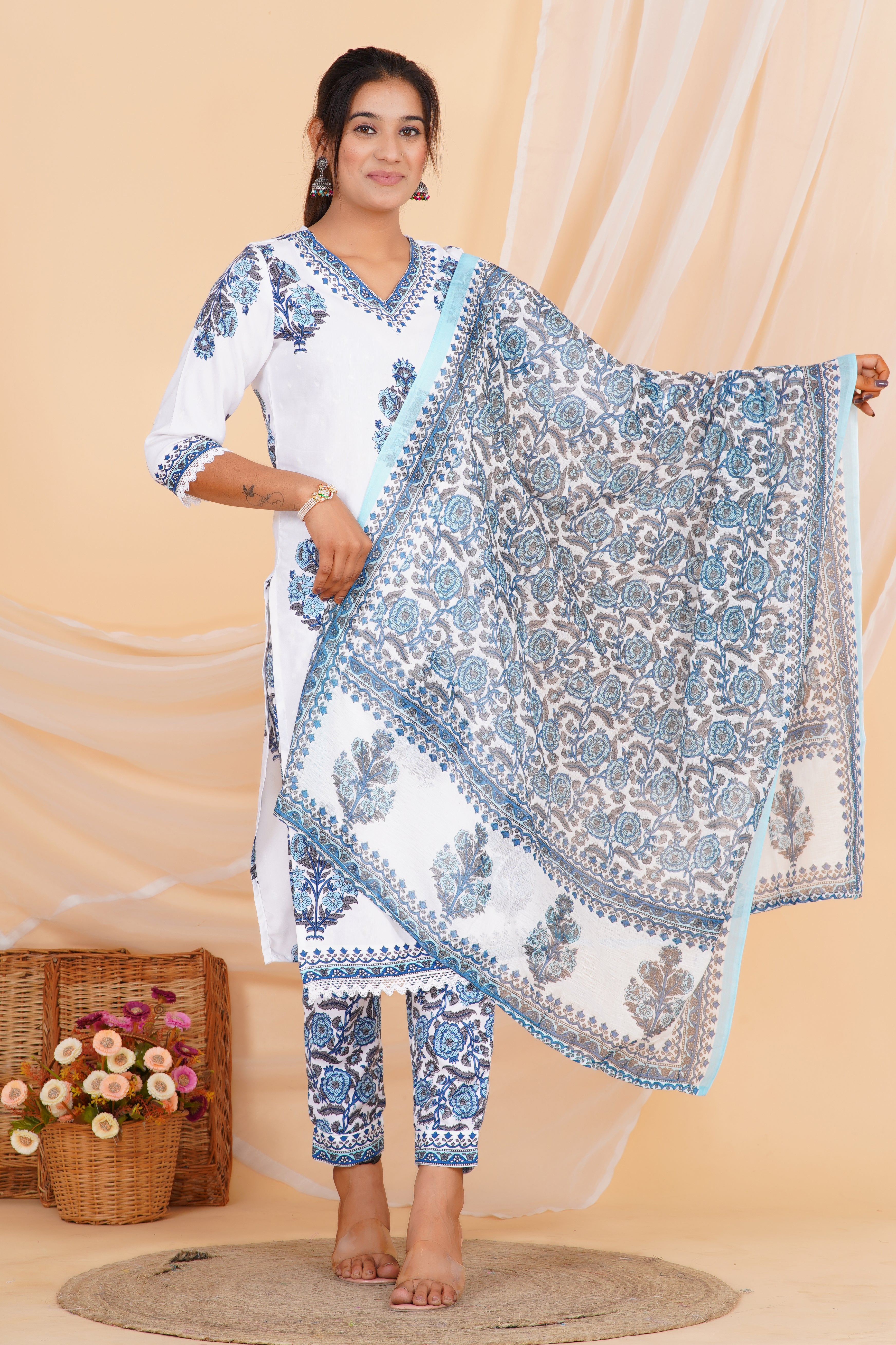 Gray Flower Premium cotton Printed Kurti Pant Dupatta Set