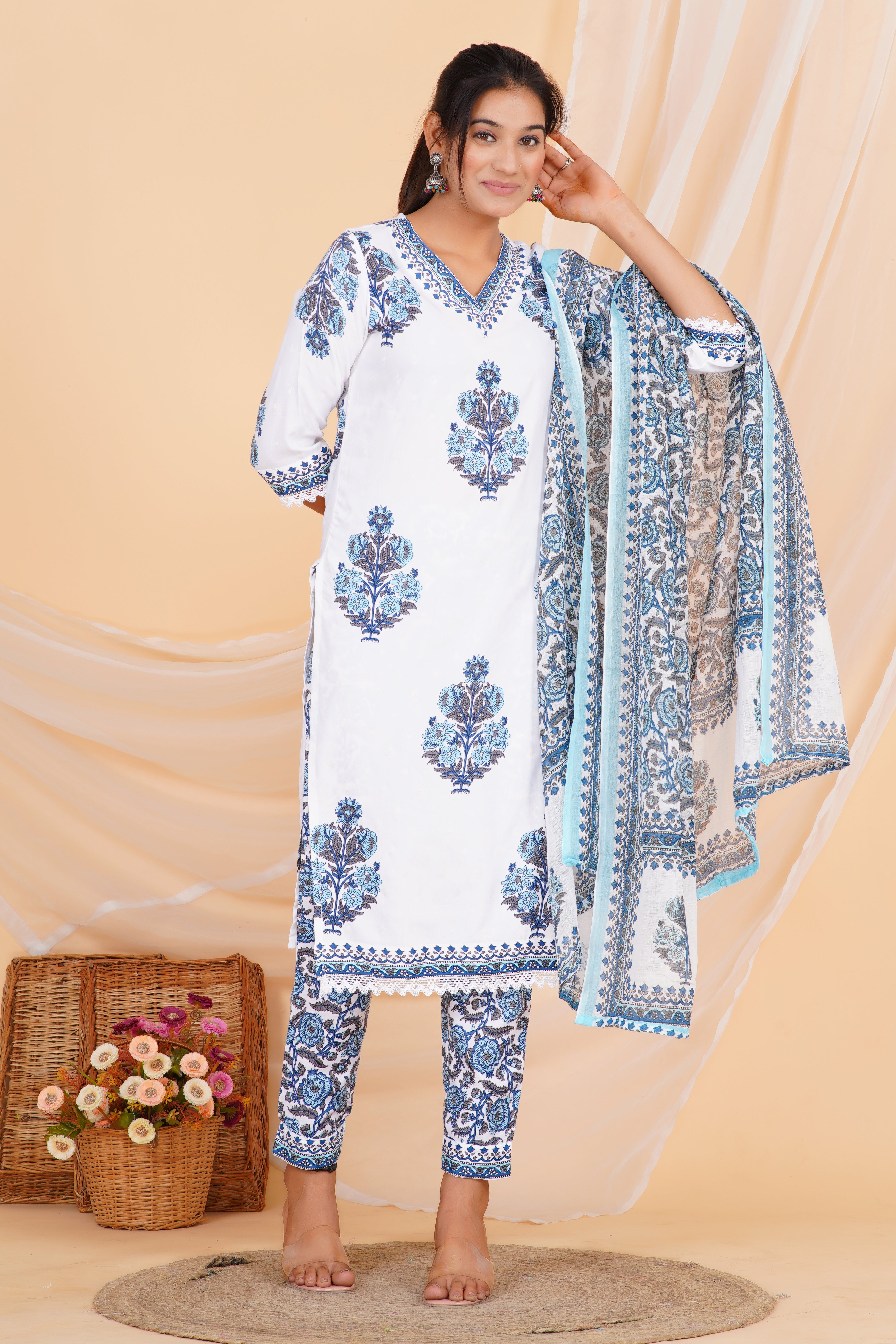 Gray Flower Premium cotton Printed Kurti Pant Dupatta Set
