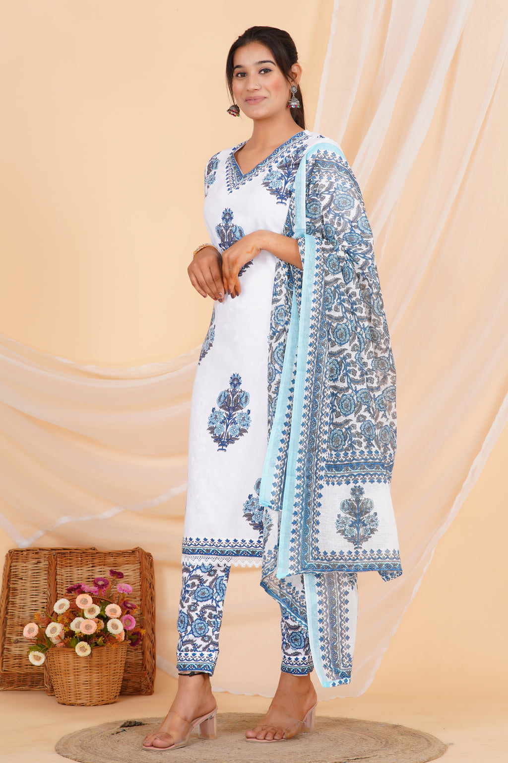 Gray Flower Premium cotton Printed Kurti Pant Dupatta Set