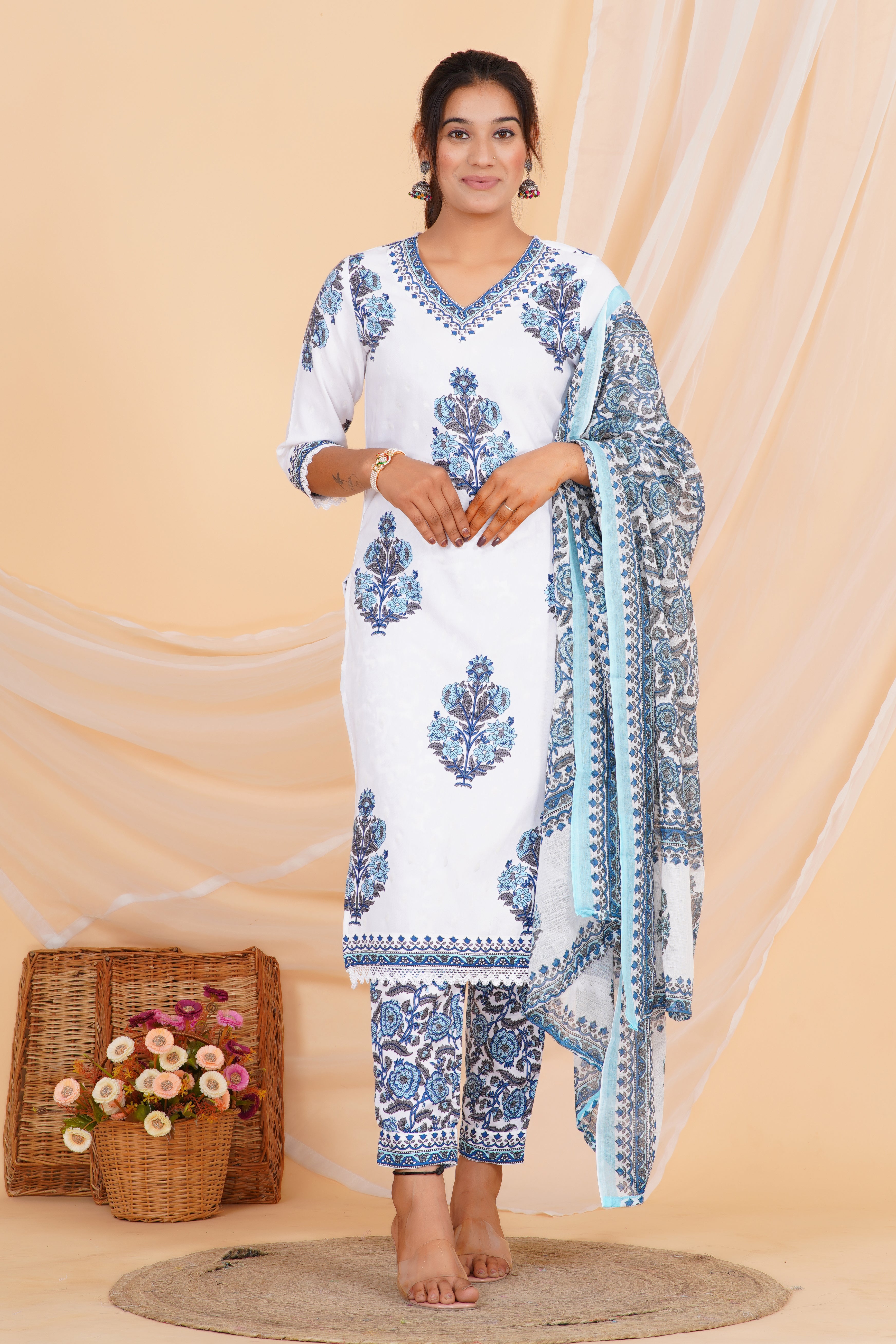 Gray Flower Premium cotton Printed Kurti Pant Dupatta Set