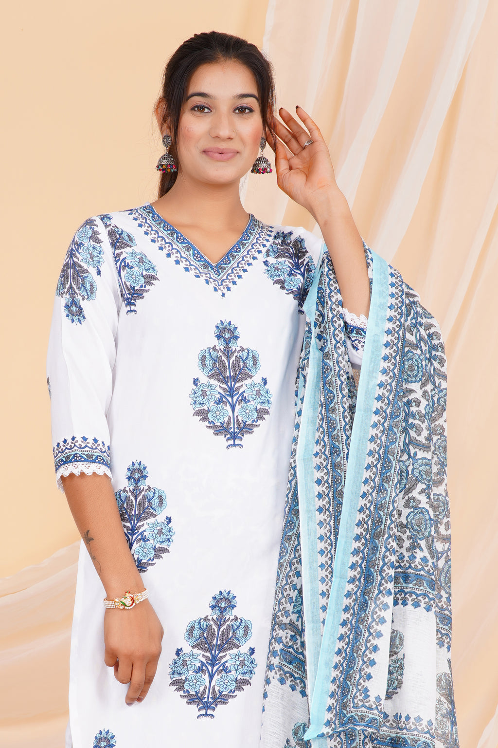 Gray Flower Premium cotton Printed Kurti Pant Dupatta Set