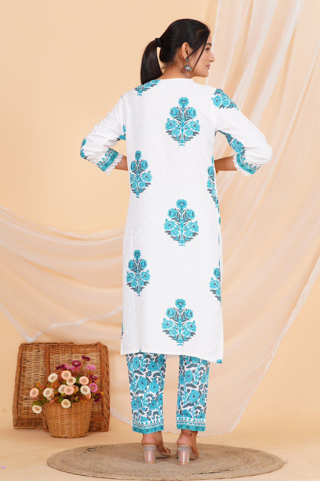 Aqua Blue Premium cotton Printed Kurti Pant Dupatta Set