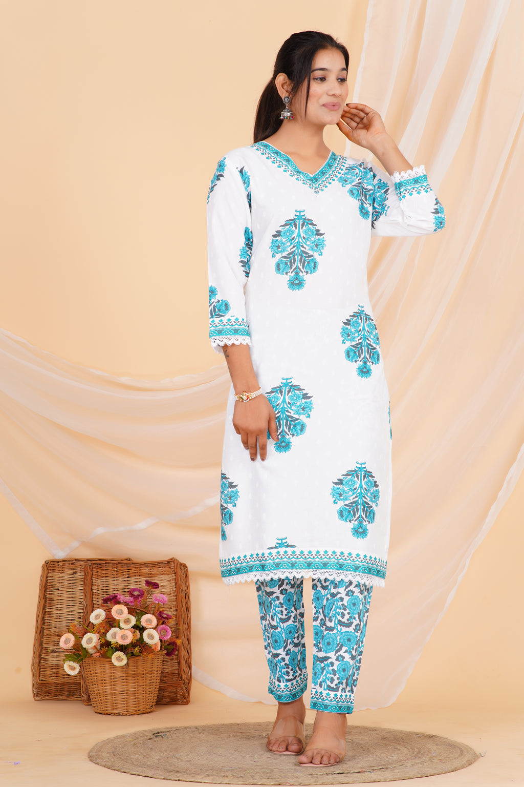 Aqua Blue Premium cotton Printed Kurti Pant Dupatta Set